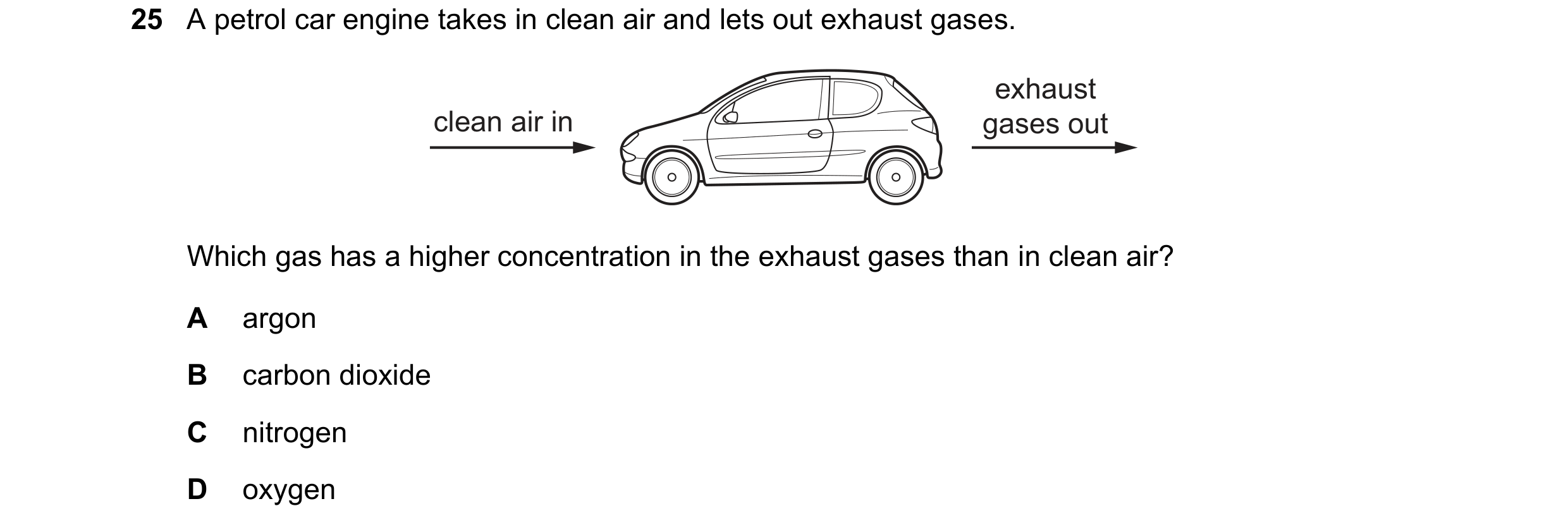 Question 60: A petrol car engine takes in clean air and lets out exhaust gases. exhaust clean air in gases out Which gas has a higher concentration in t…