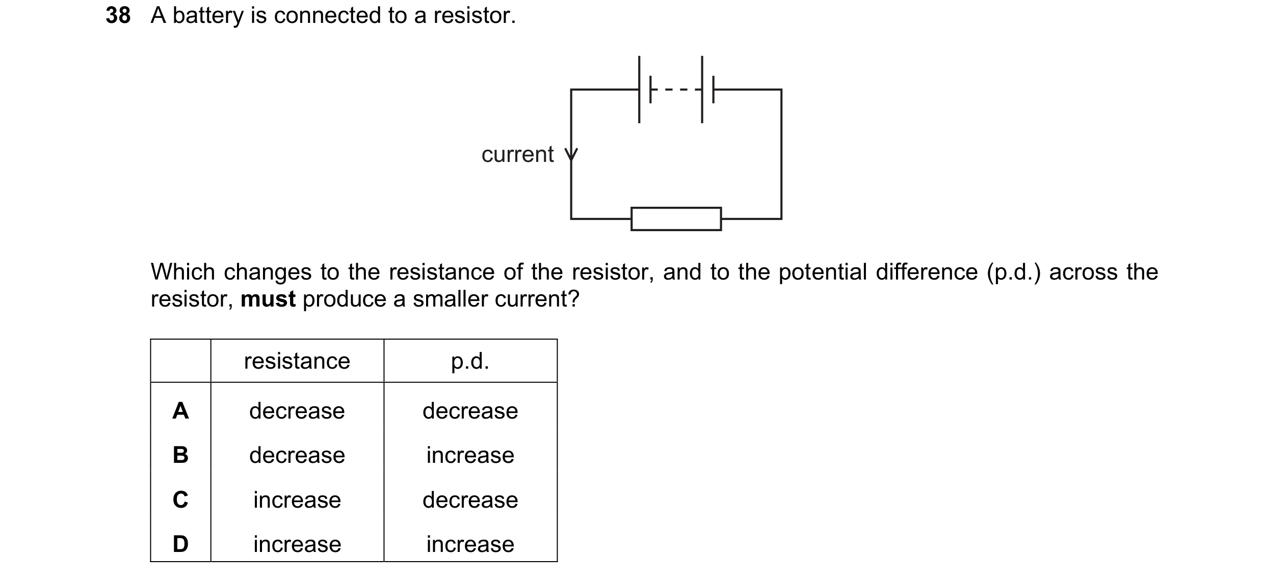 Question 96: A battery is connected to a resistor. current Which changes to the resistance of the resistor, and to the potential difference (p.d.) acros…