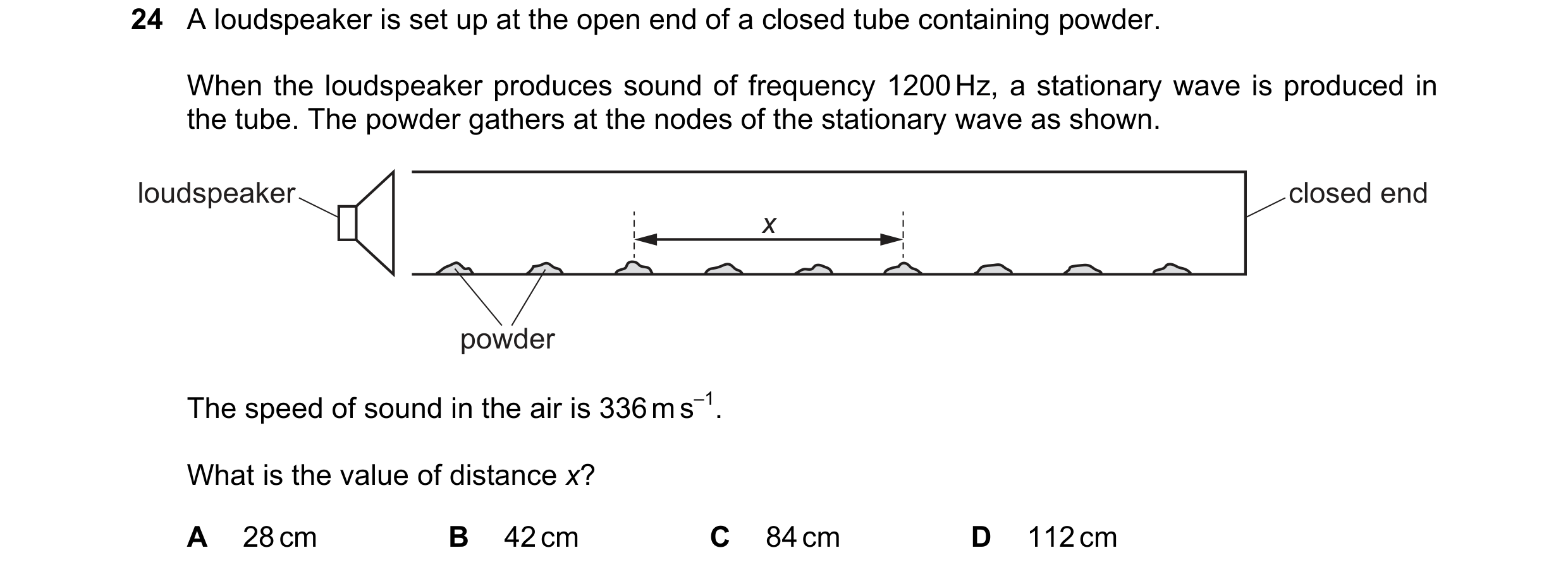 Question 87: A loudspeaker is set up at the open end of a closed tube containing powder. When the loudspeaker produces sound of frequency 1200 Hz, a sta…