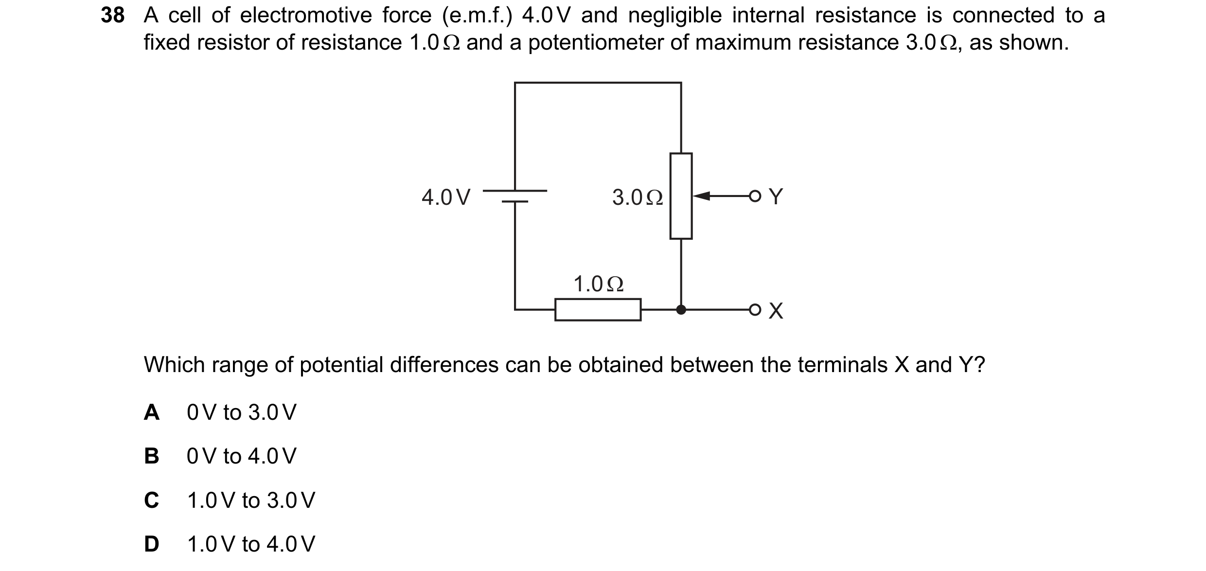 Question 84: A cell of electromotive force (e.m.f.) 4.0 V and negligible internal resistance is connected to a fixed resistor of resistance 1.0 Ω and a …