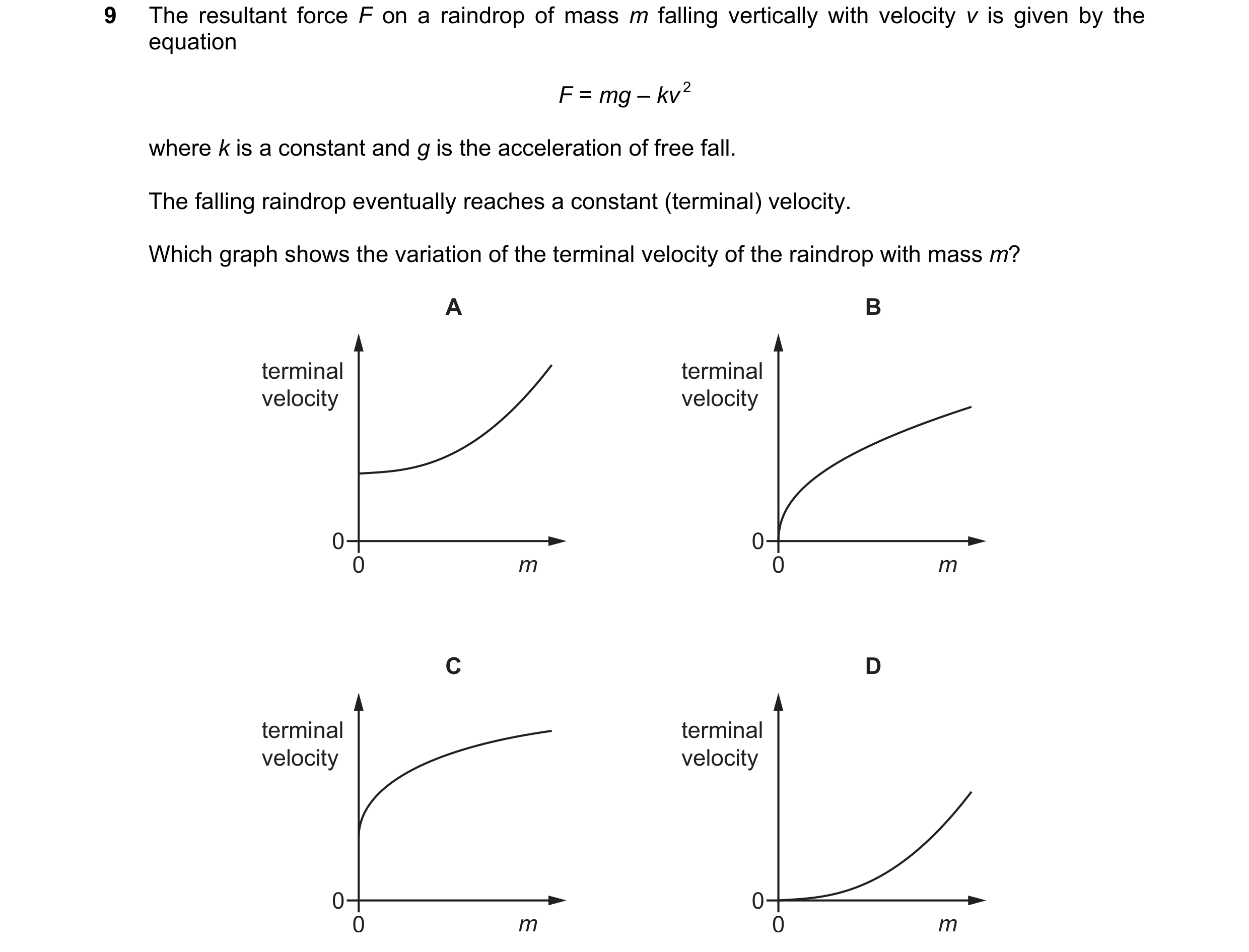 Question 23: The resultant force F on a raindrop of mass m falling vertically with velocity v is given by the equation F = mg – kv 2 where k is a consta…
