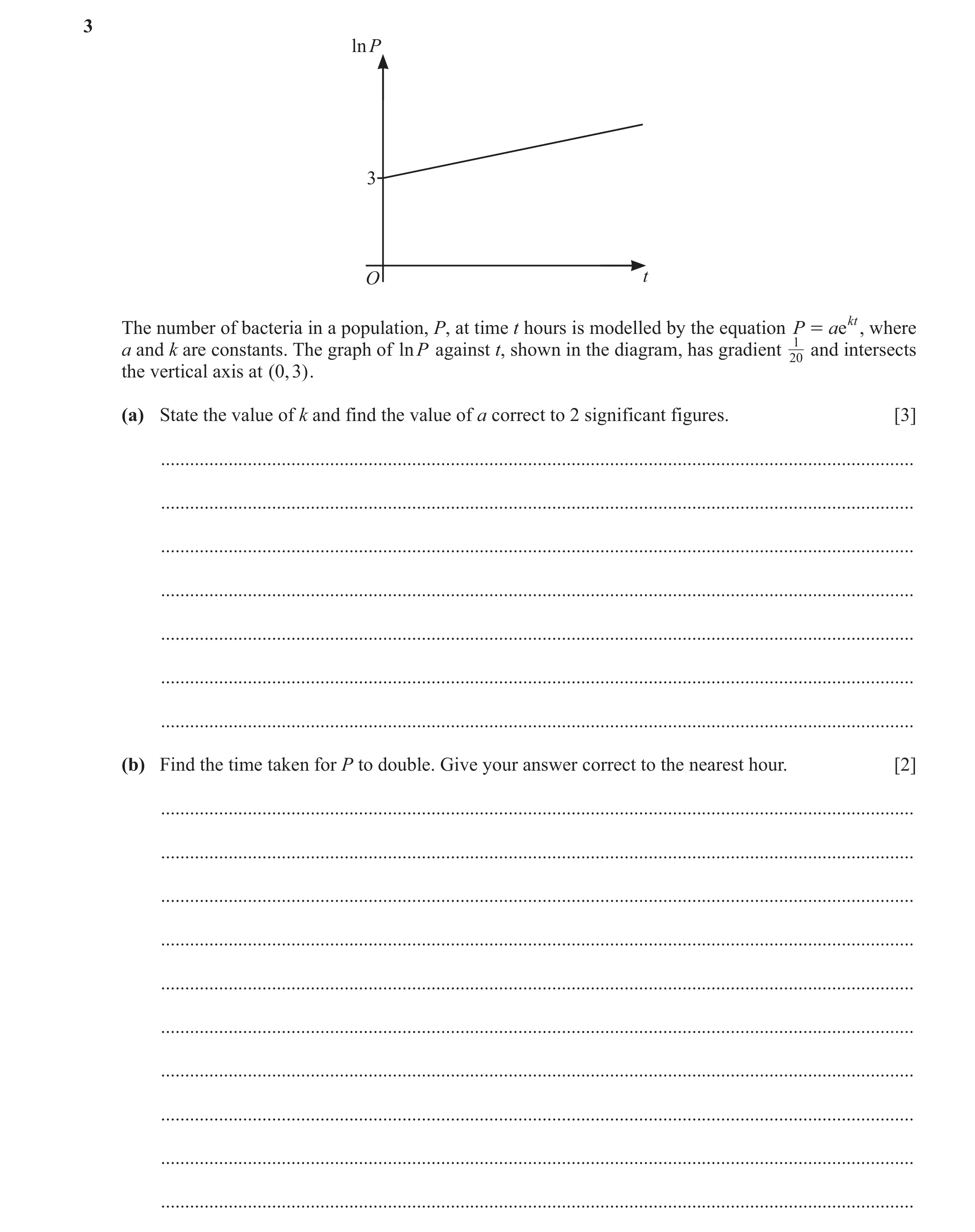 Question 65: lnP 3 O t The number of bacteria in a population, P, at time t hours is modelled by the equation P = aekt , where a and k are constants. Th…