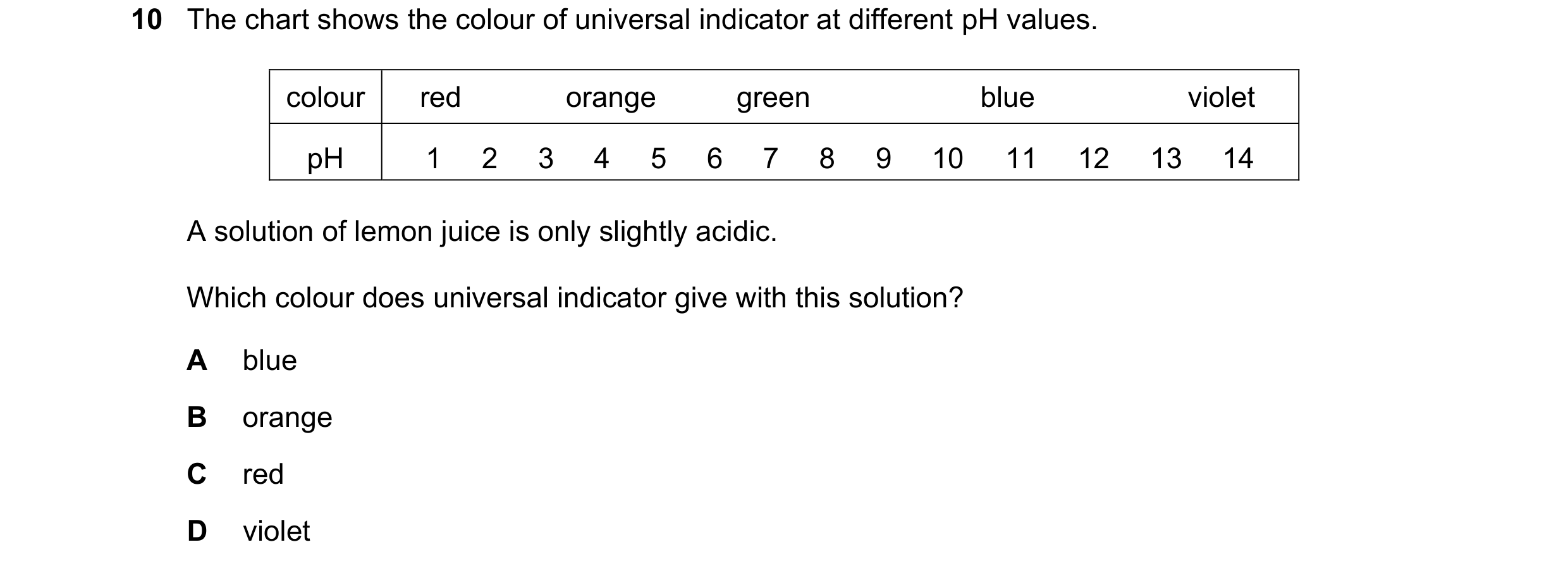 Question 11: The chart shows the colour of universal indicator at different pH values. colour    red             orange          green                  …