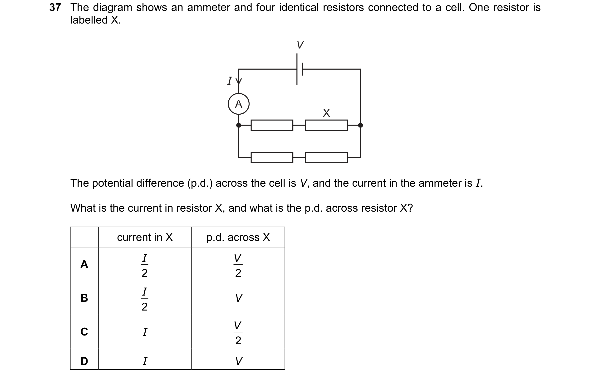 Question 14: The diagram shows an ammeter and four identical resistors connected to a cell. One resistor is labelled X. V I A X The potential difference…