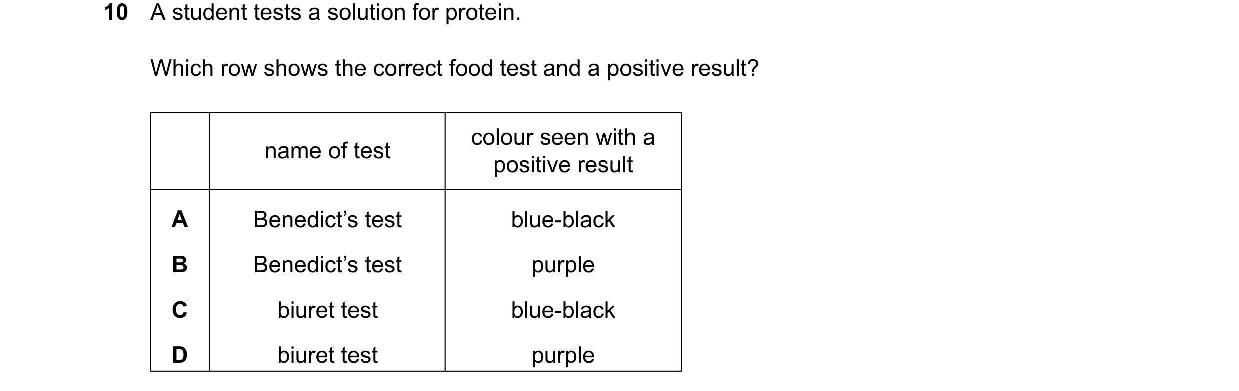 Question 30: A student tests a solution for protein. Which row shows the correct food test and a positive result? colour seen with a name of test positi…