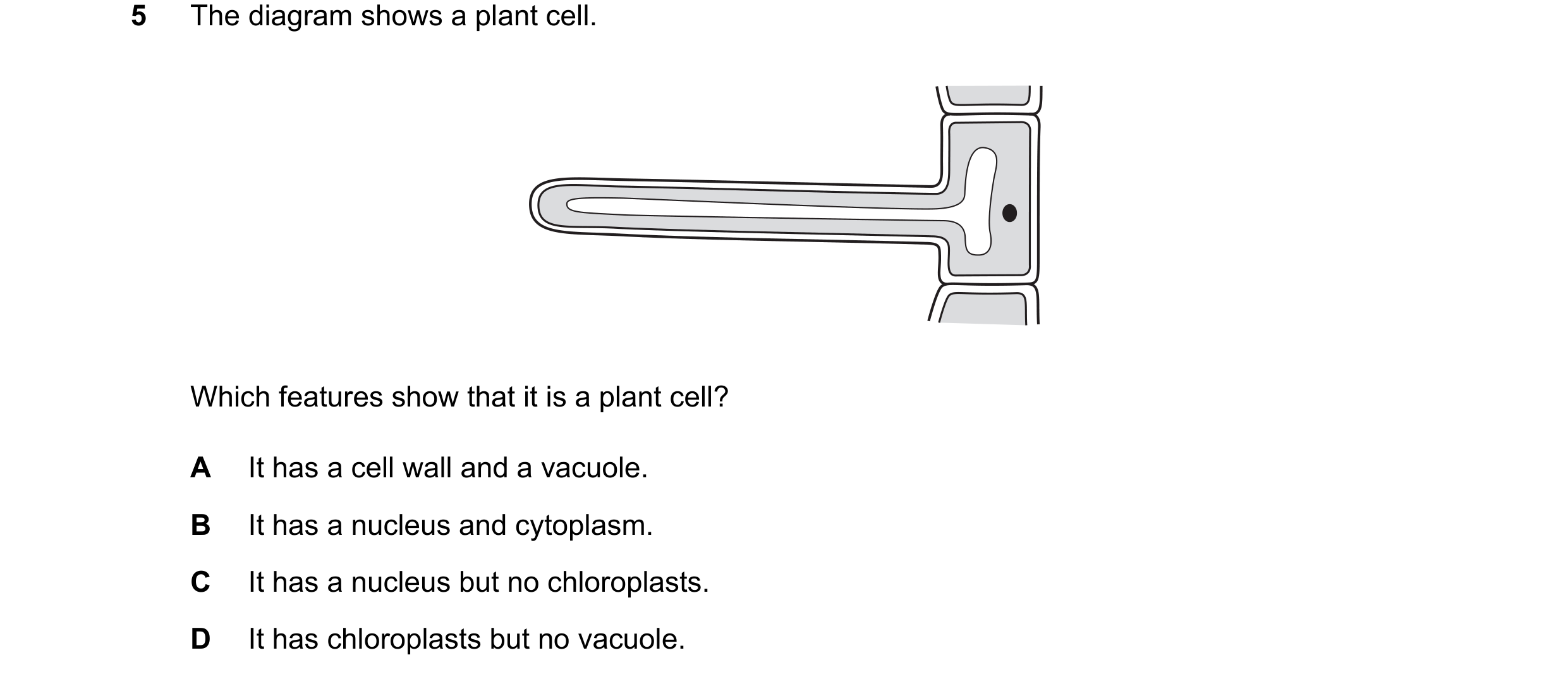 Question 36: The diagram shows a plant cell. Which features show that it is a plant cell? A It has a cell wall and a vacuole. B It has a nucleus and cyt…