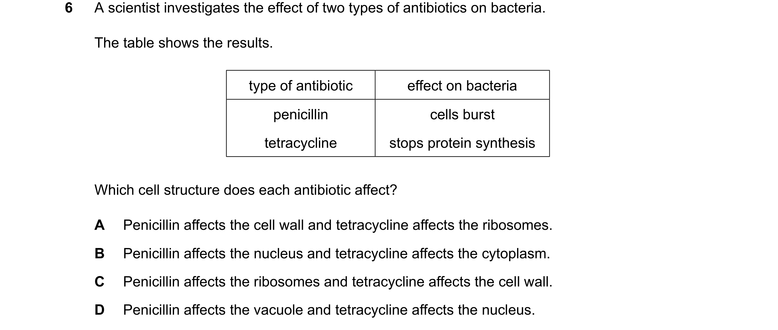 Question 16: A scientist investigates the effect of two types of antibiotics on bacteria. The table shows the results. type of antibiotic effect on bact…