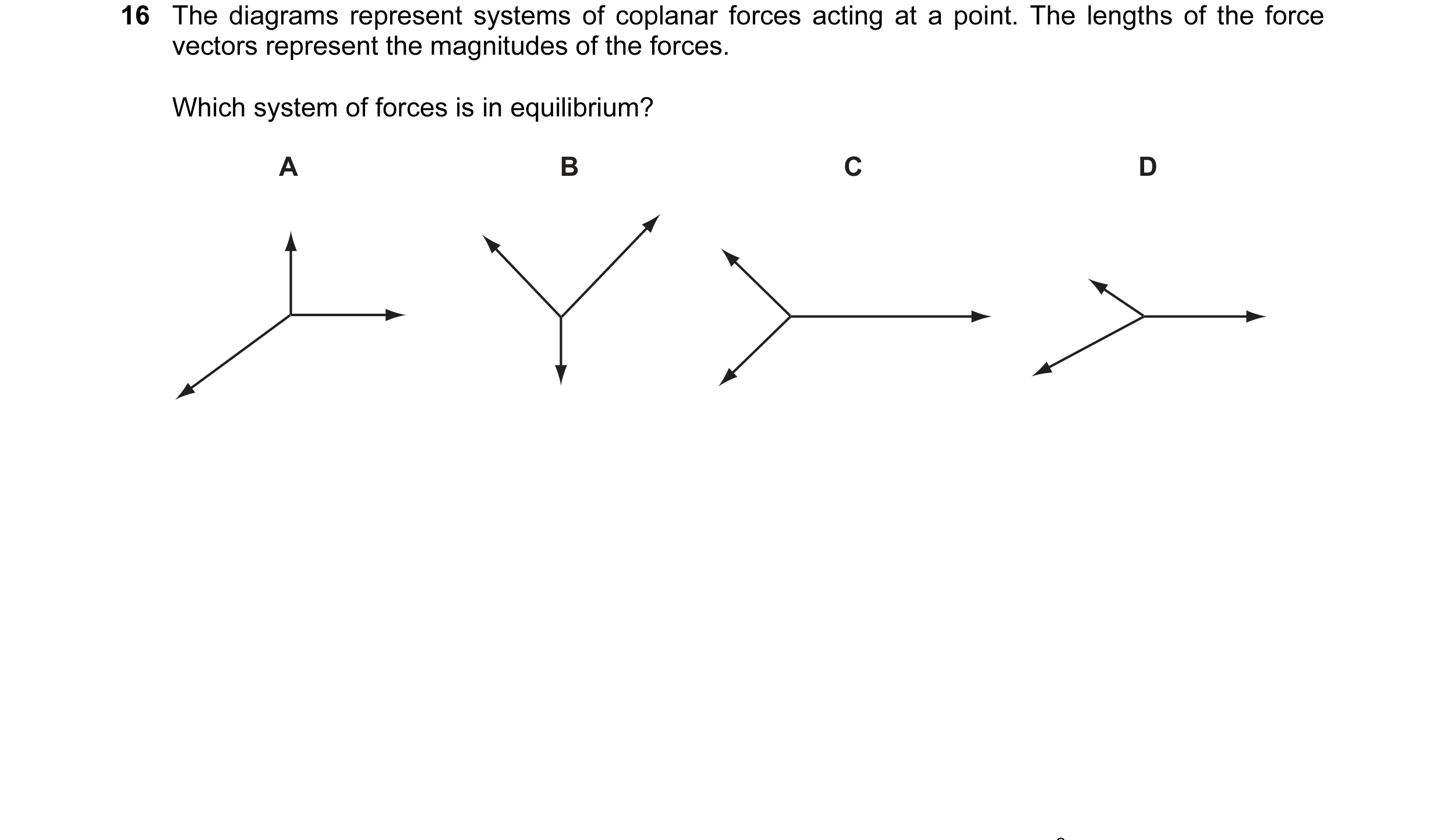 Question 56: The diagrams represent systems of coplanar forces acting at a point. The lengths of the force vectors represent the magnitudes of the force…