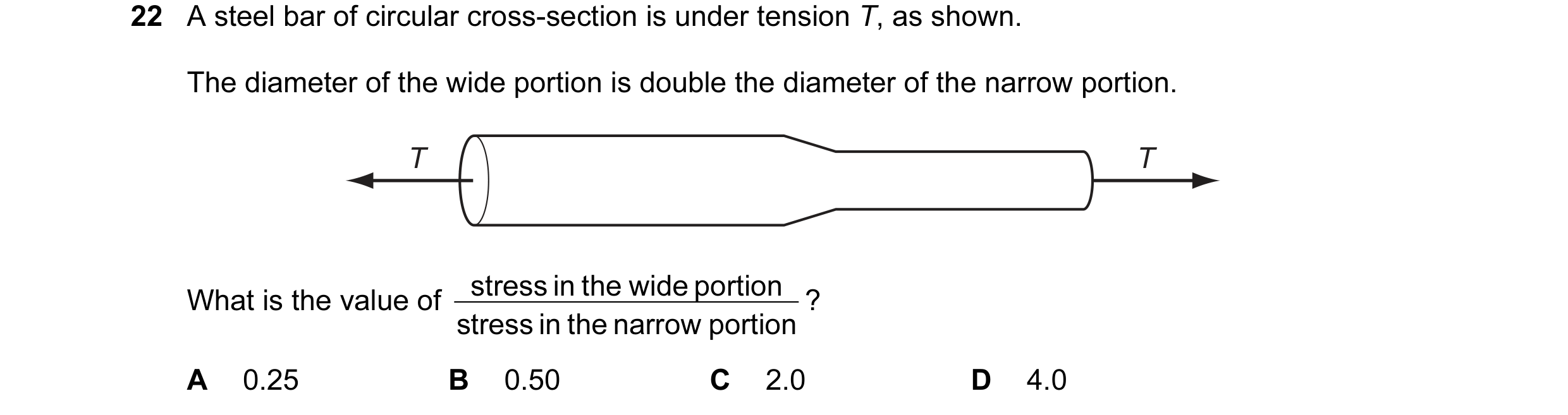 Question 51: A steel bar of circular cross-section is under tension T, as shown. The diameter of the wide portion is double the diameter of the narrow p…