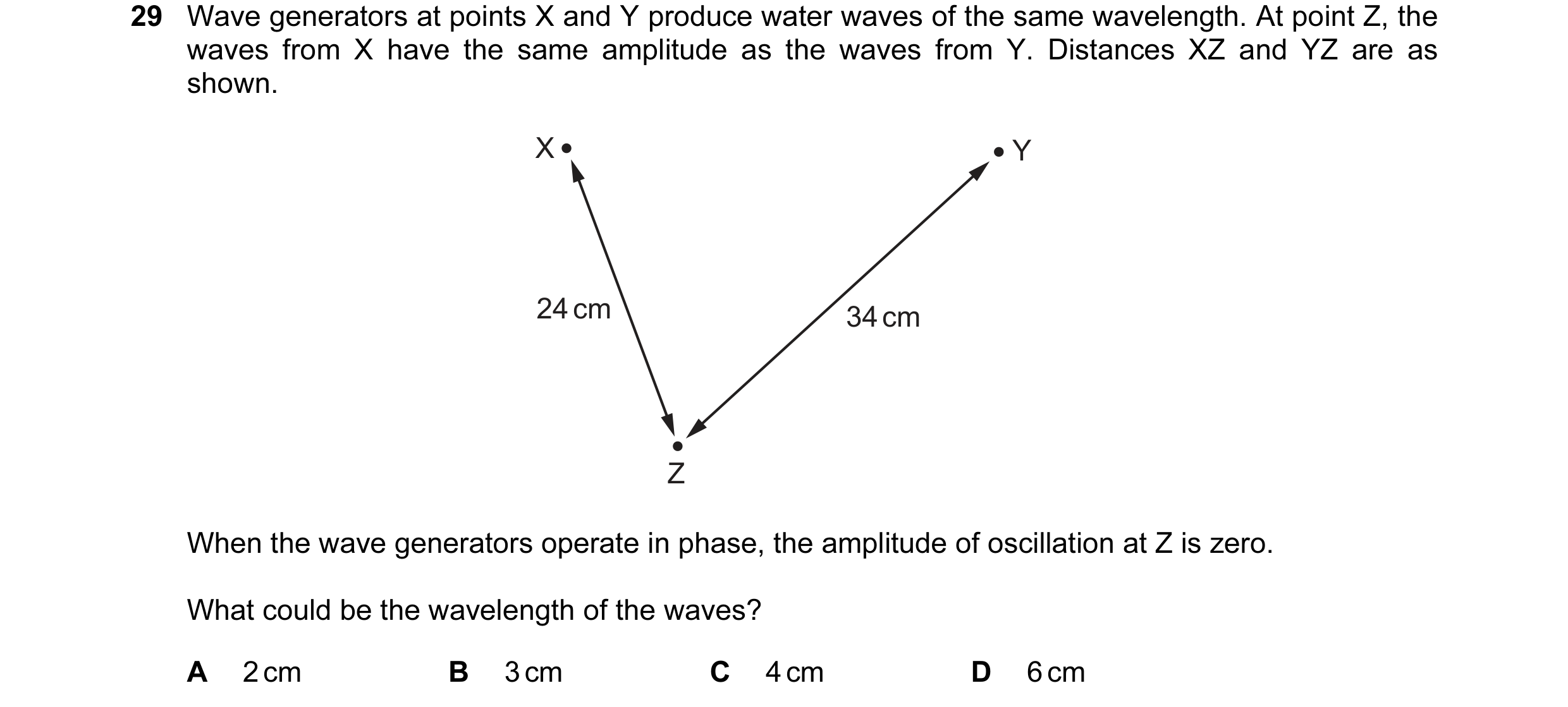 Question 37: Wave generators at points X and Y produce water waves of the same wavelength. At point Z, the waves from X have the same amplitude as the w…