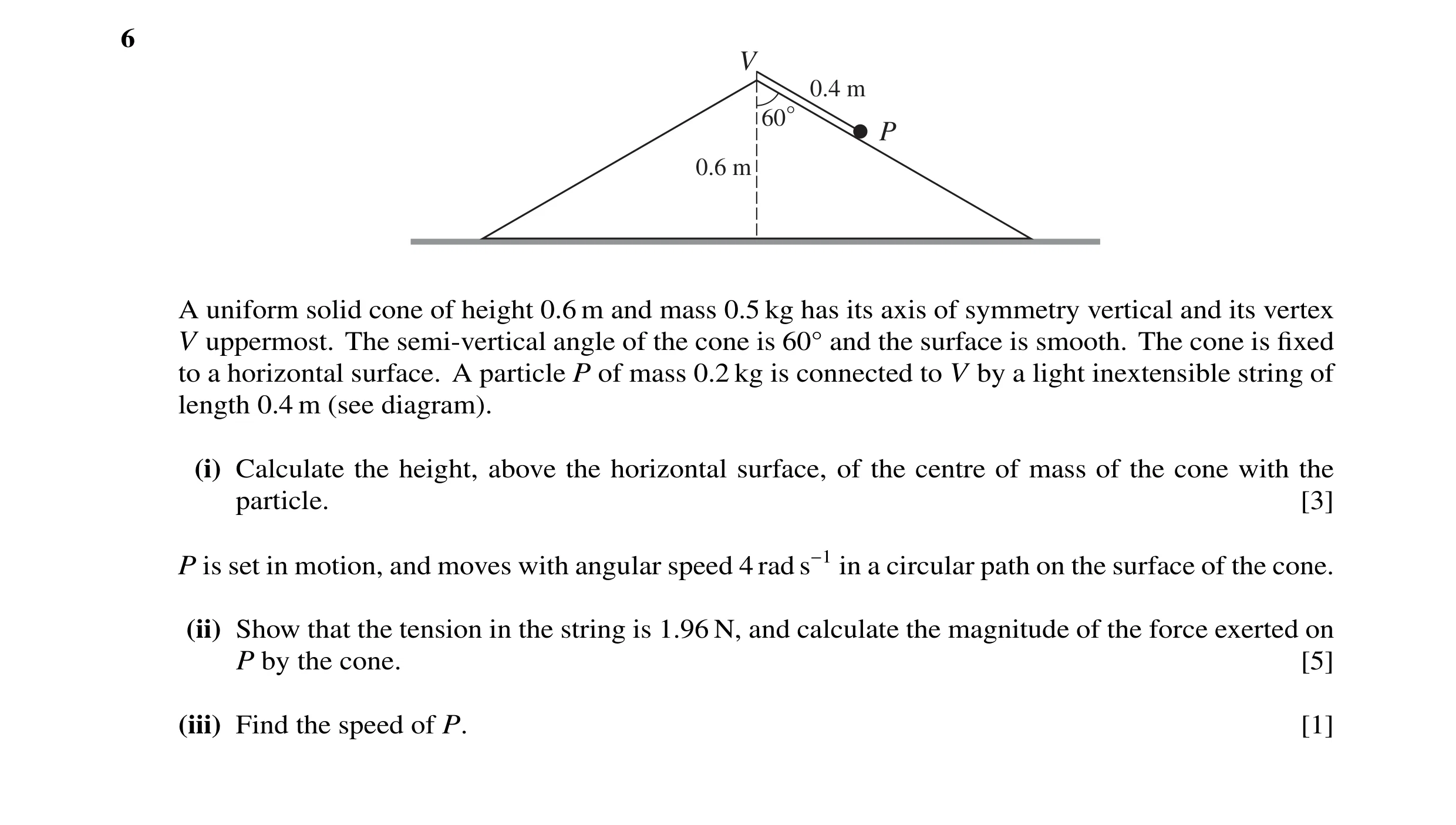 Question 86: V 0.4 m 60° P 0.6 m A uniform solid cone of height 0.6 m and mass 0.5 kg has its axis of symmetry vertical and its vertex V uppermost. The …