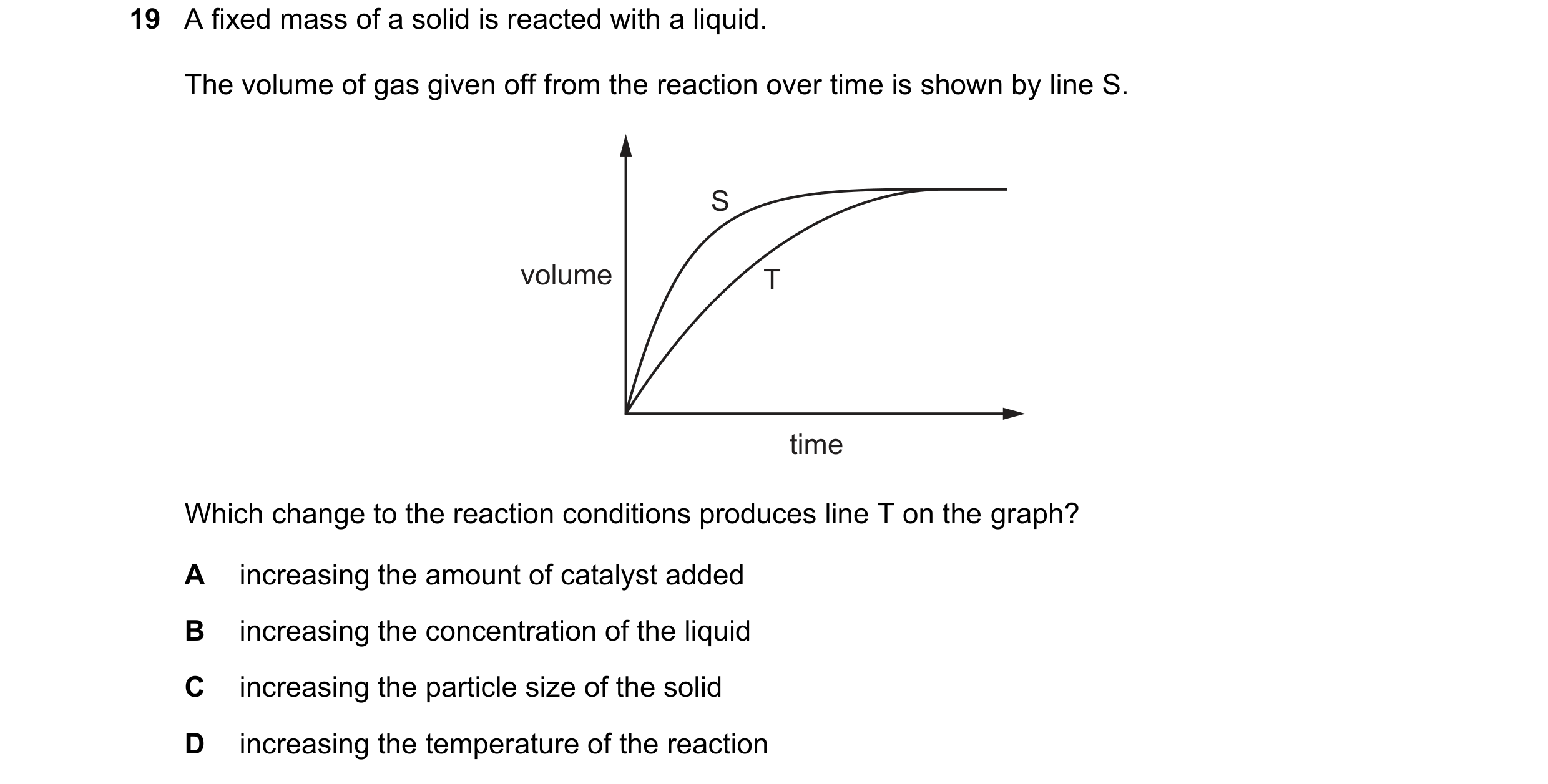 Question 49: A fixed mass of a solid is reacted with a liquid. The volume of gas given off from the reaction over time is shown by line S. S volume T ti…