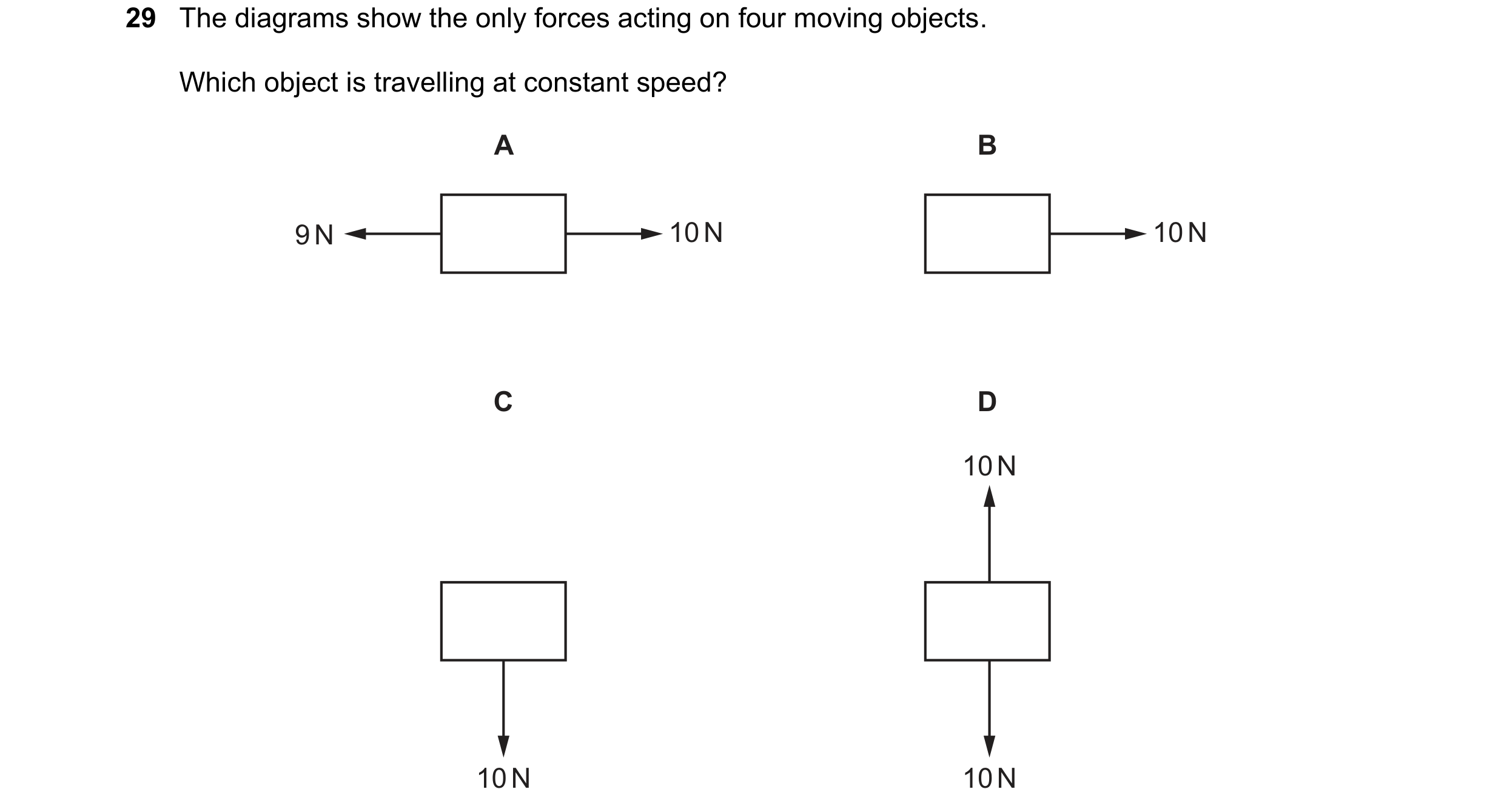 Question 47: The diagrams show the only forces acting on four moving objects. Which object is travelling at constant speed? A B 9 N 10 N 10 N C D 10 N 1…
