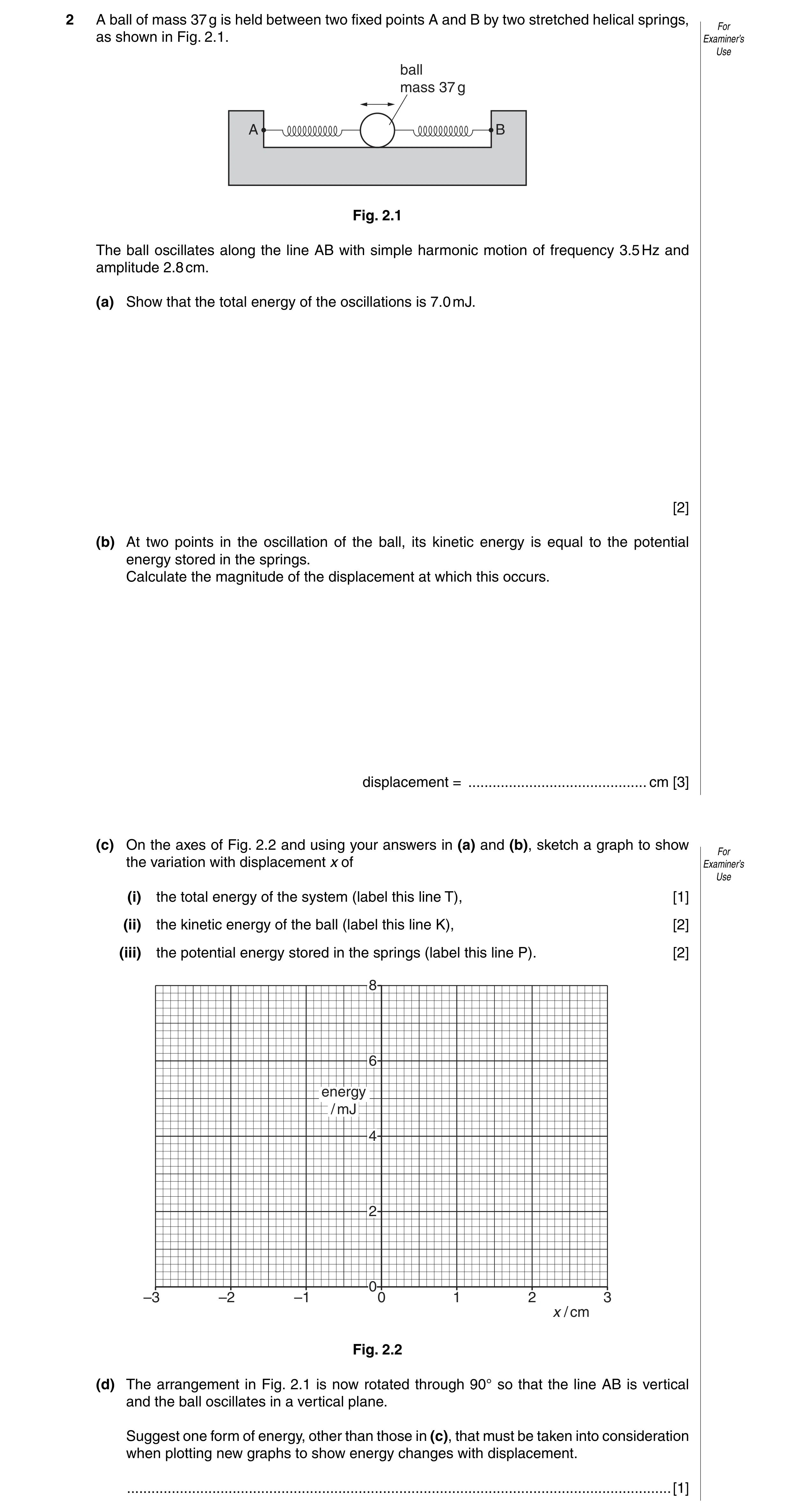 Question 7: A ball of mass 37 g is held between two fixed points A and B by two stretched helical springs, For as shown in Fig. 2.1. Examiner’s Use bal…