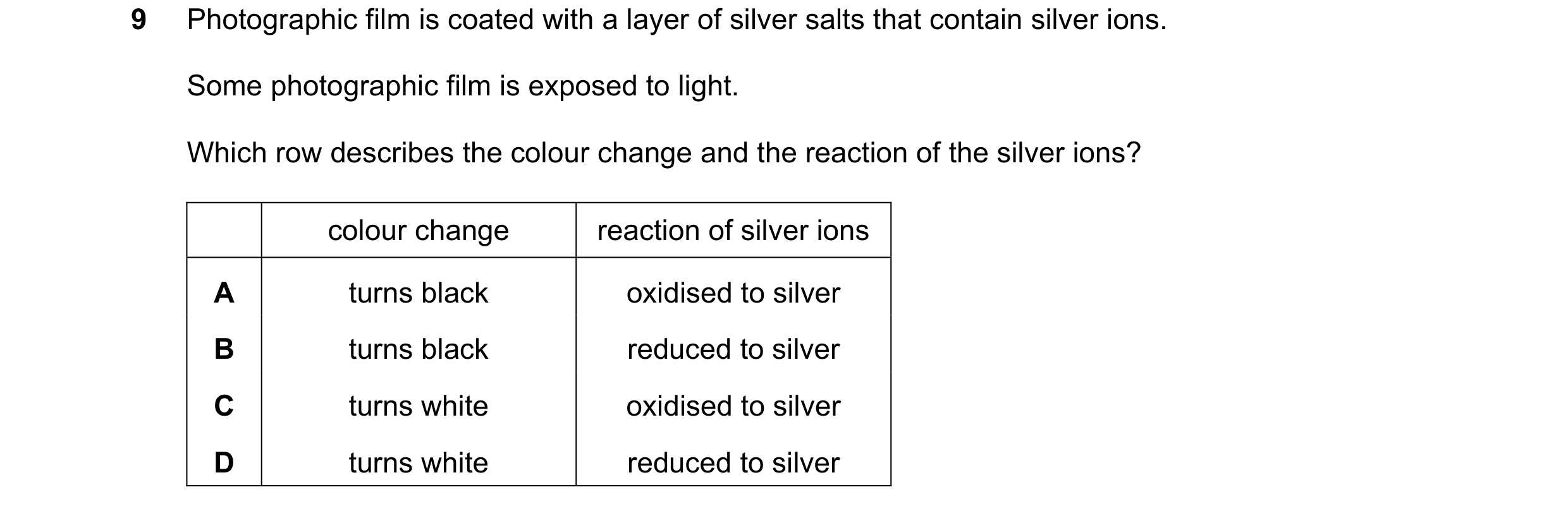 Question 7: Photographic film is coated with a layer of silver salts that contain silver ions. Some photographic film is exposed to light. Which row de…