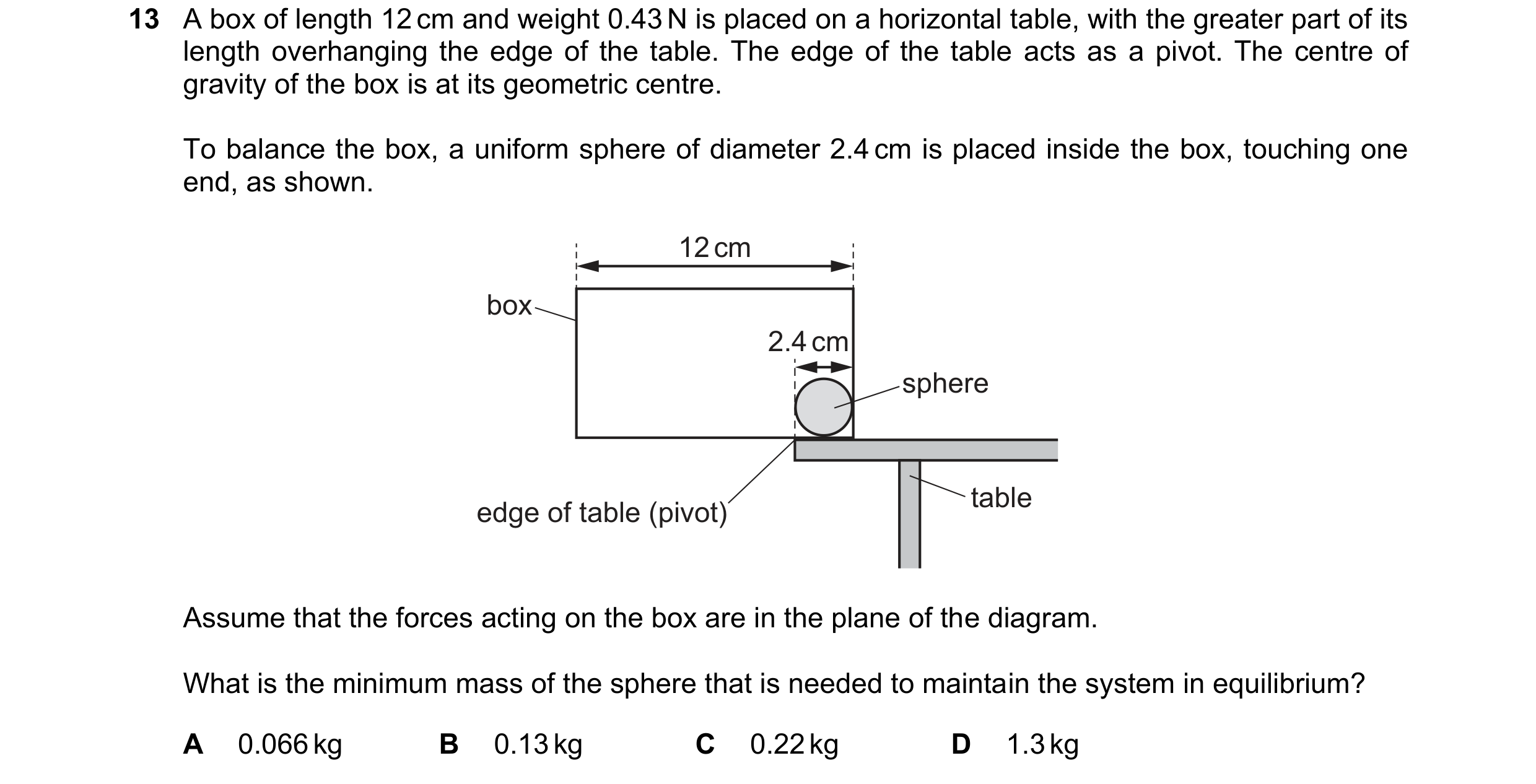 Question 129: A box of length 12 cm and weight 0.43 N is placed on a horizontal table, with the greater part of its length overhanging the edge of the ta…