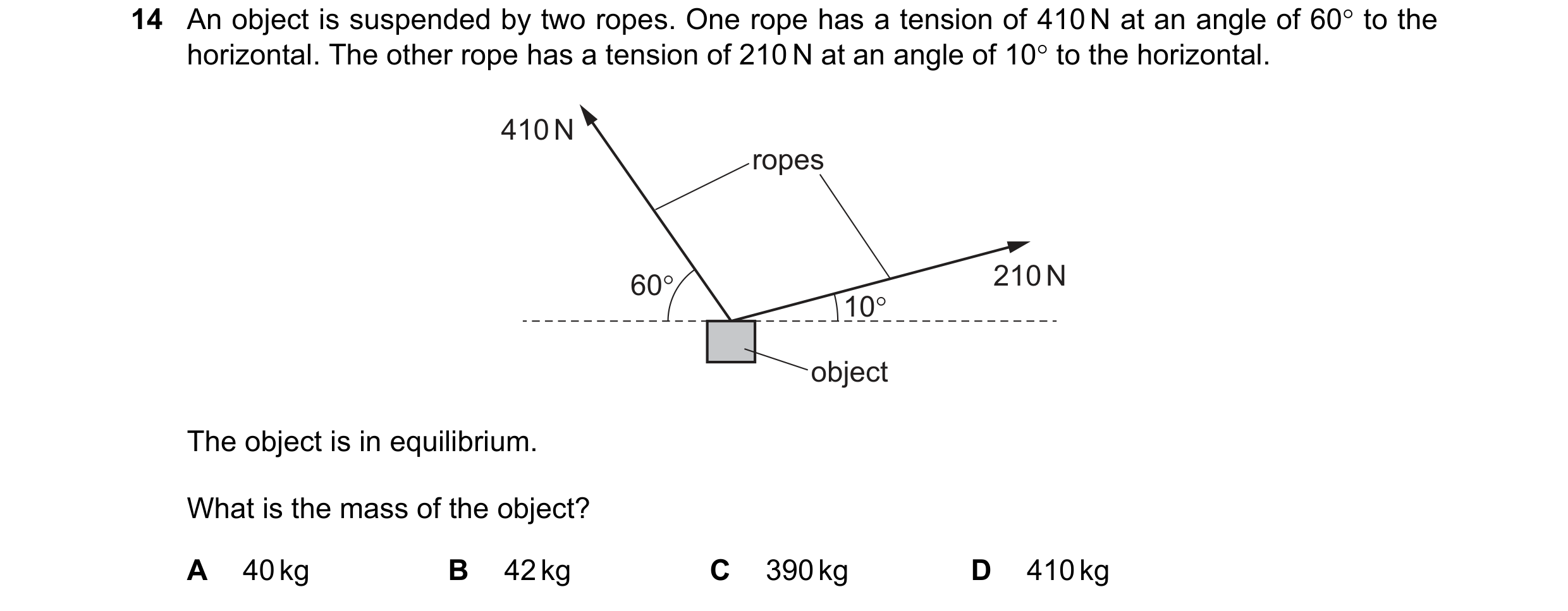 Question 130: An object is suspended by two ropes. One rope has a tension of 410N at an angle of 60° to the
horizontal. The other rope has a tension of 2…