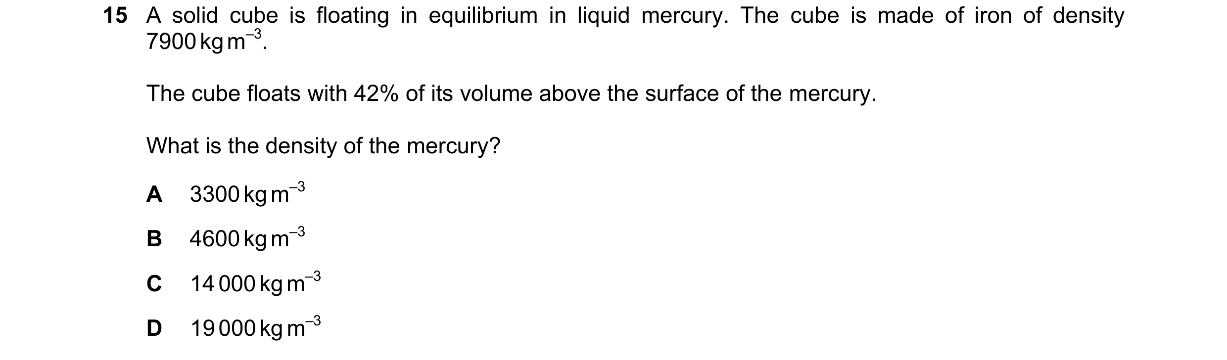 Question 145: A solid cube is floating in equilibrium in liquid mercury. The cube is made of iron of density 7900 kg m–3. The cube floats with 42% of its…