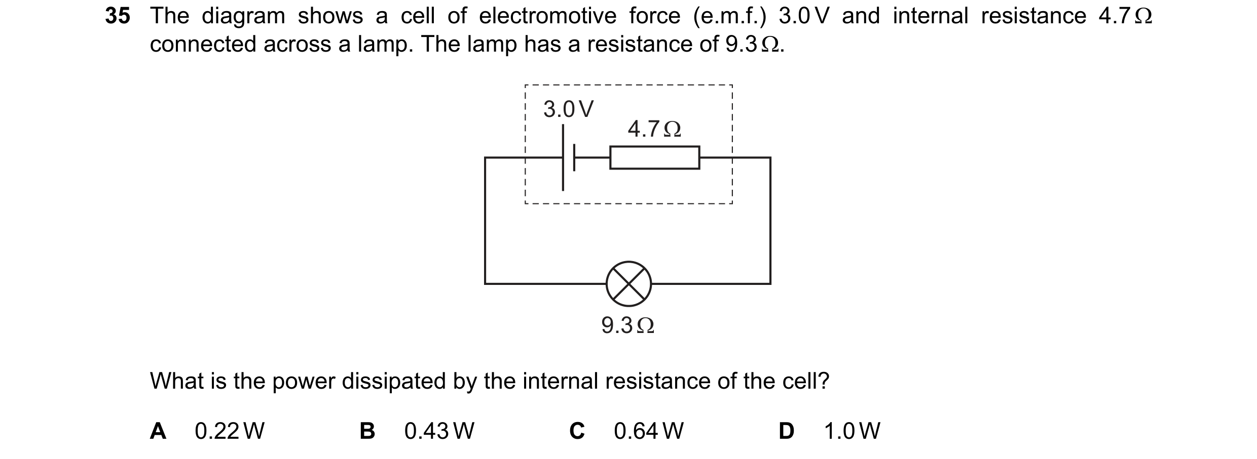 Question 183: The diagram shows a cell of electromotive force (e.m.f.) 3.0V and internal resistance 4.7Q
connected across a lamp. The lamp has a resistan…