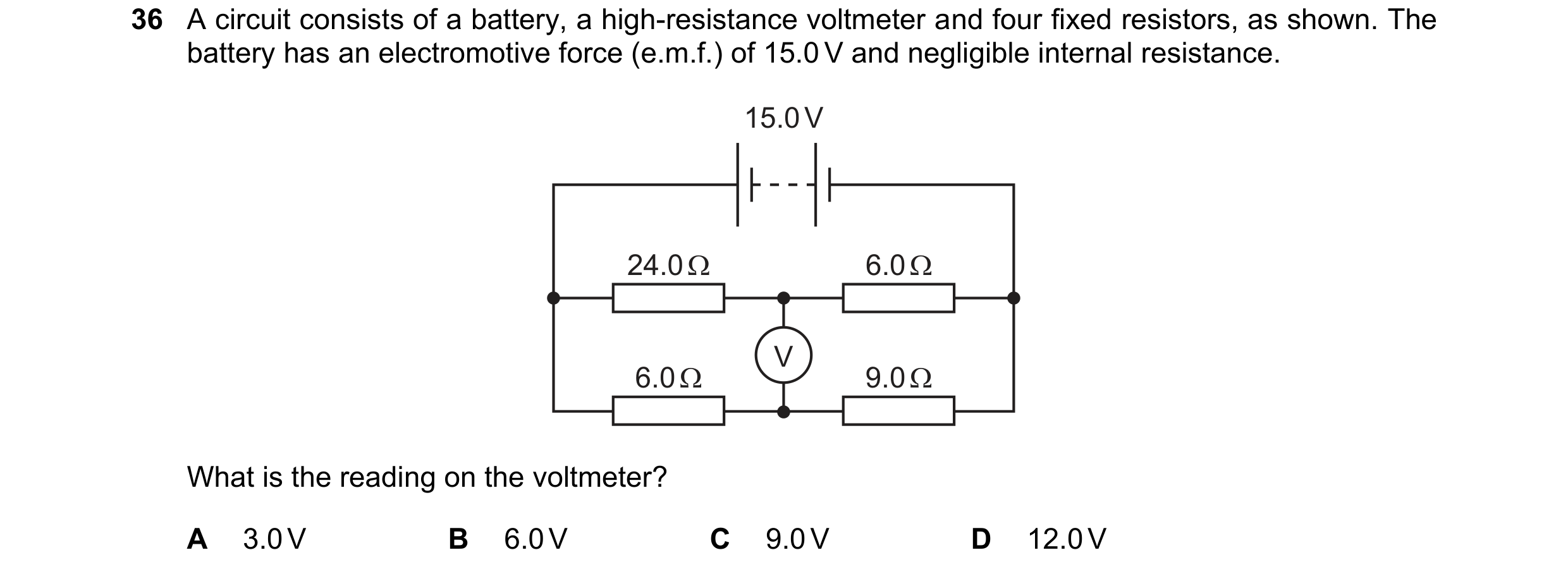 Question 102: A circuit consists of a battery, a high-resistance voltmeter and four fixed resistors, as shown. The
battery has an electromotive force (e.…