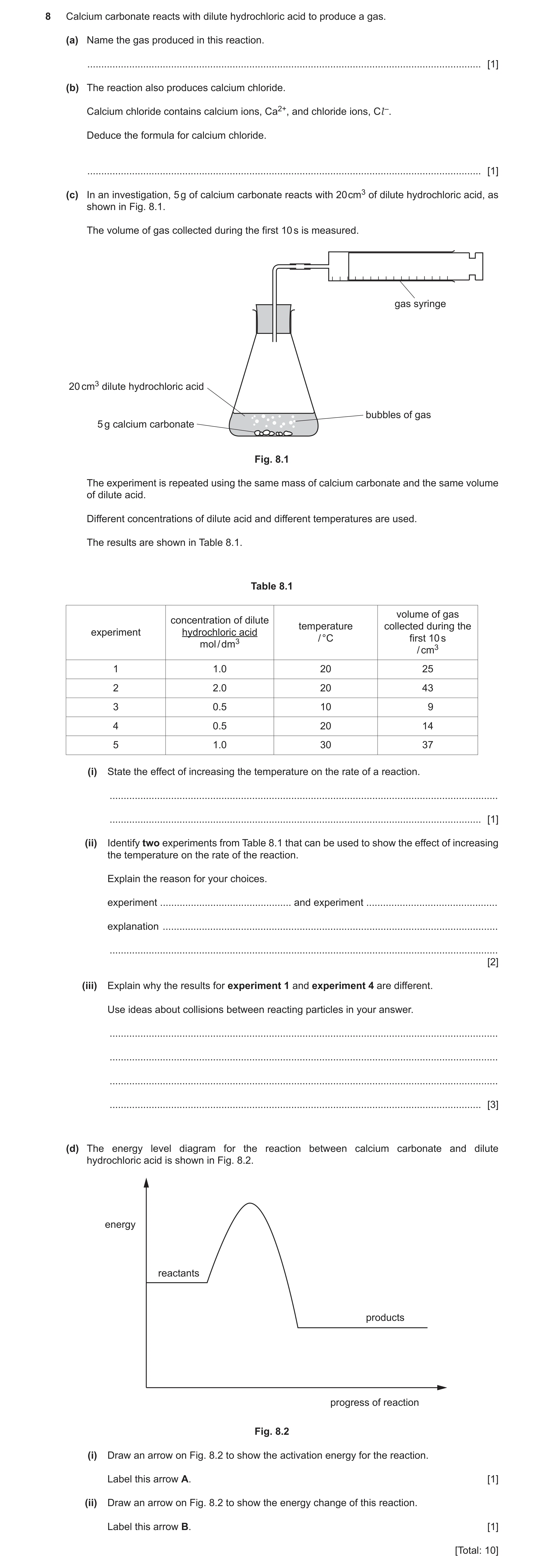 Question 9: Calcium carbonate reacts with dilute hydrochloric acid to produce a gas. (a) Name the gas produced in this reaction. ......................…