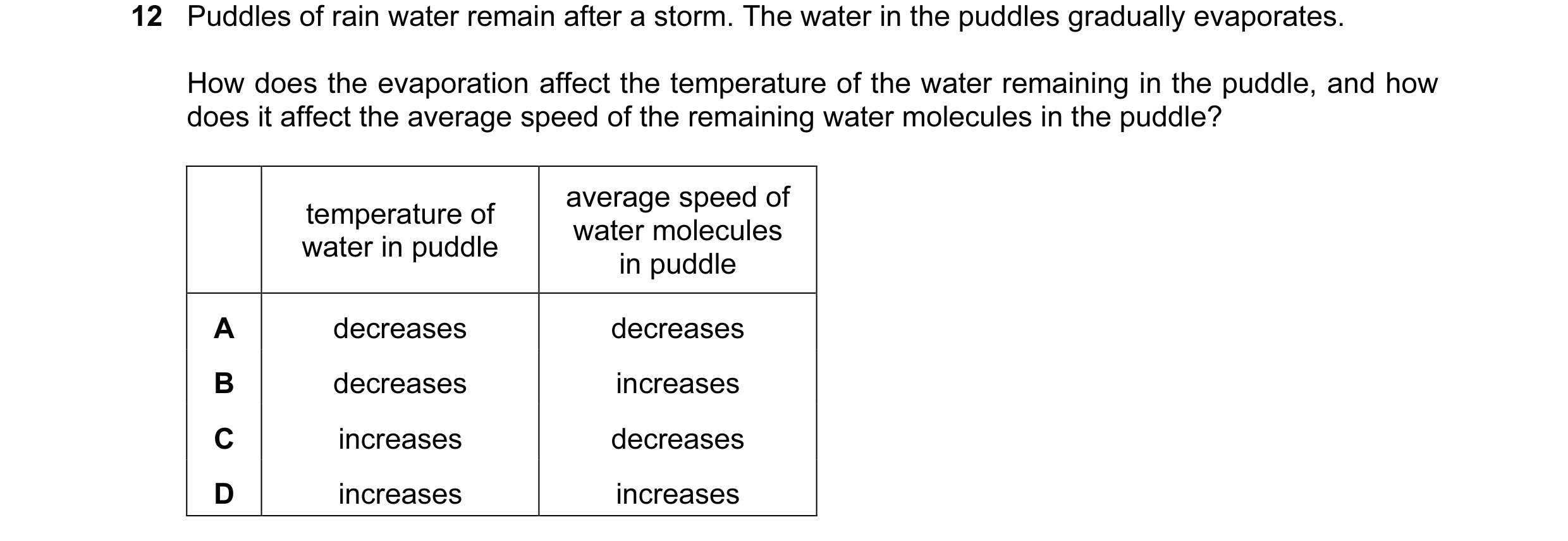 Question 93: Puddles of rain water remain after a storm. The water in the puddles gradually evaporates. How does the evaporation affect the temperature …