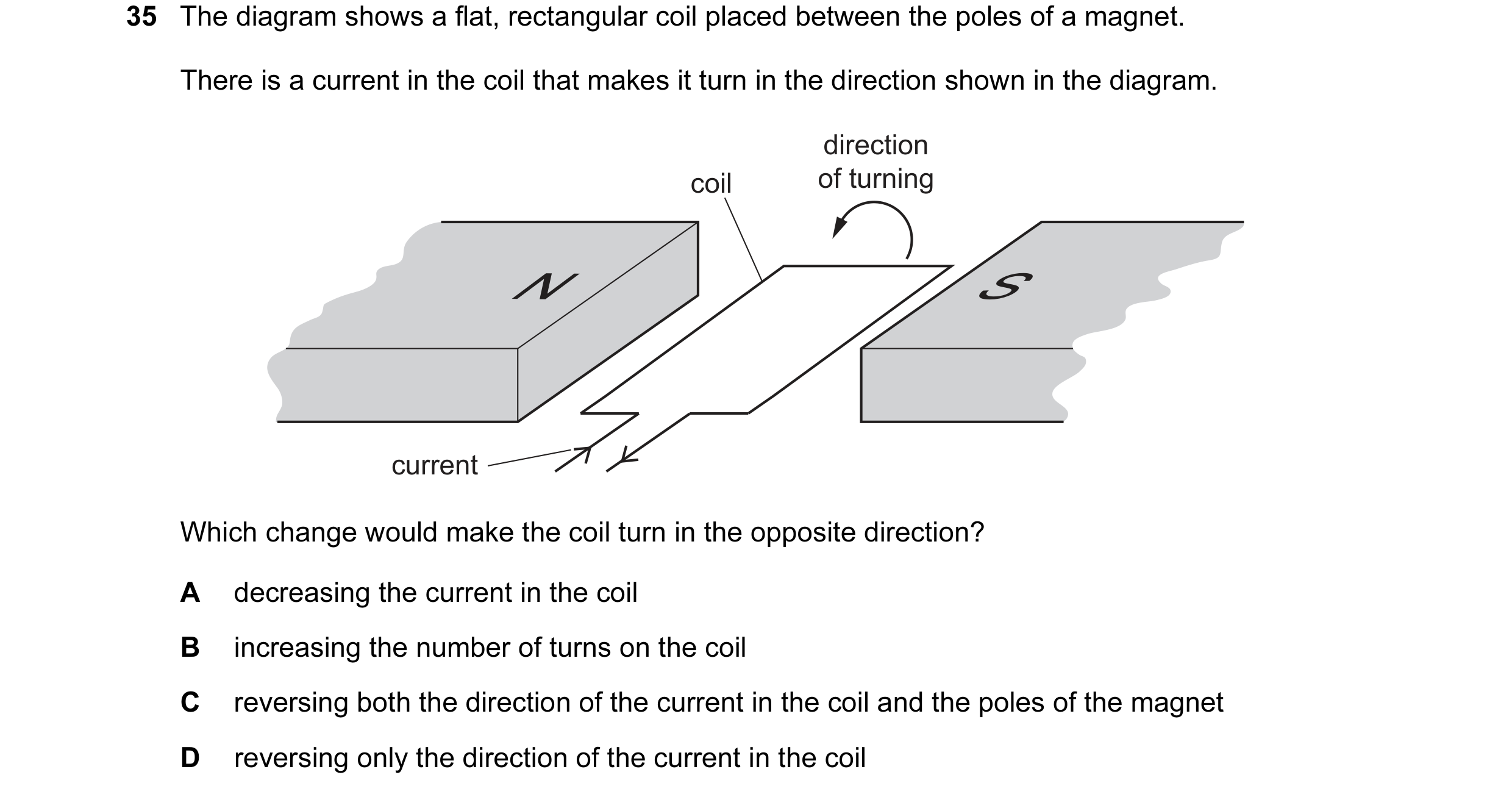 Question 116: The diagram shows a flat, rectangular coil placed between the poles of a magnet. There is a current in the coil that makes it turn in the d…