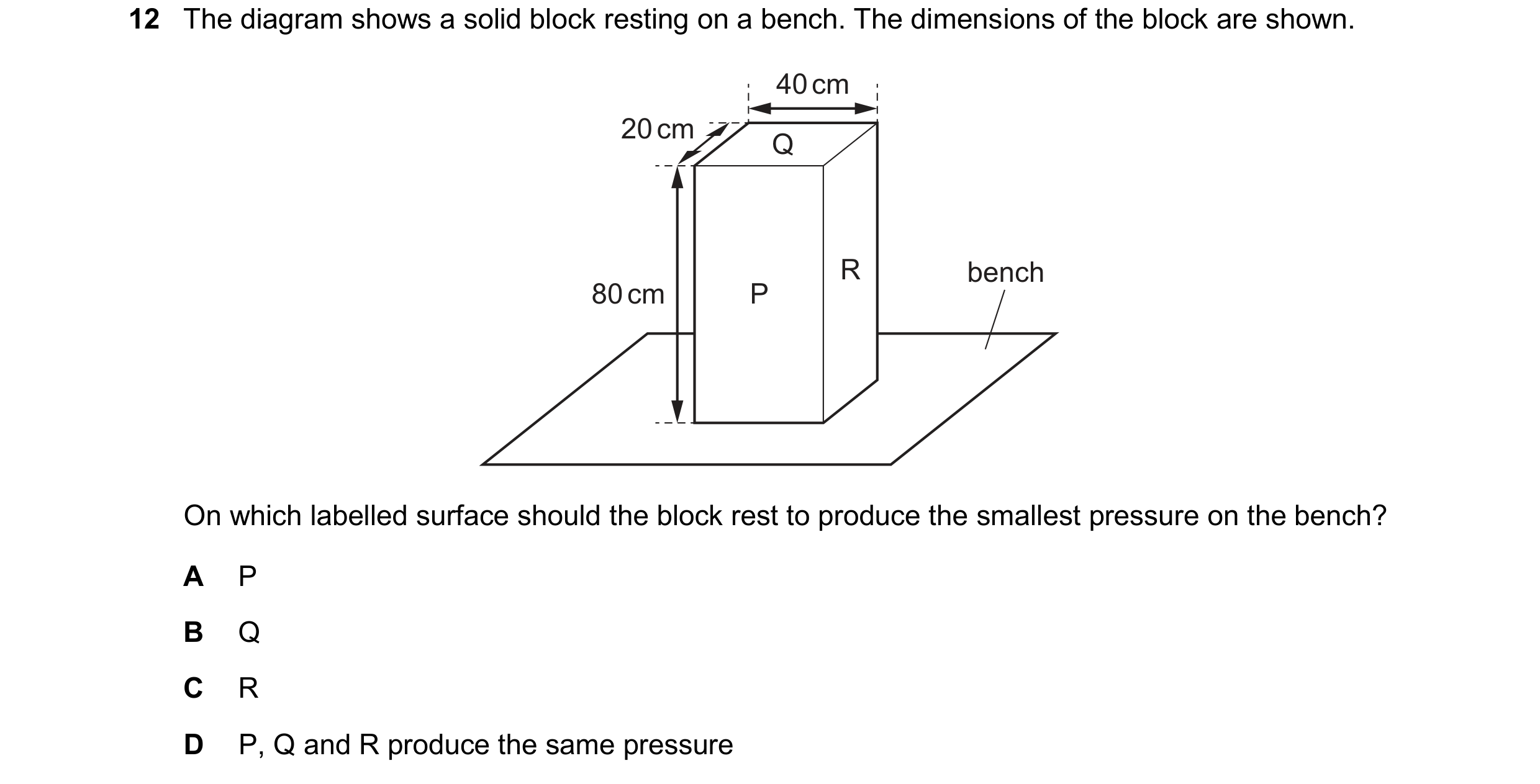 Question 214: The diagram shows a solid block resting on a bench. The dimensions of the block are shown. 40 cm 20 cm Q R bench 80 cm P On which labelled …