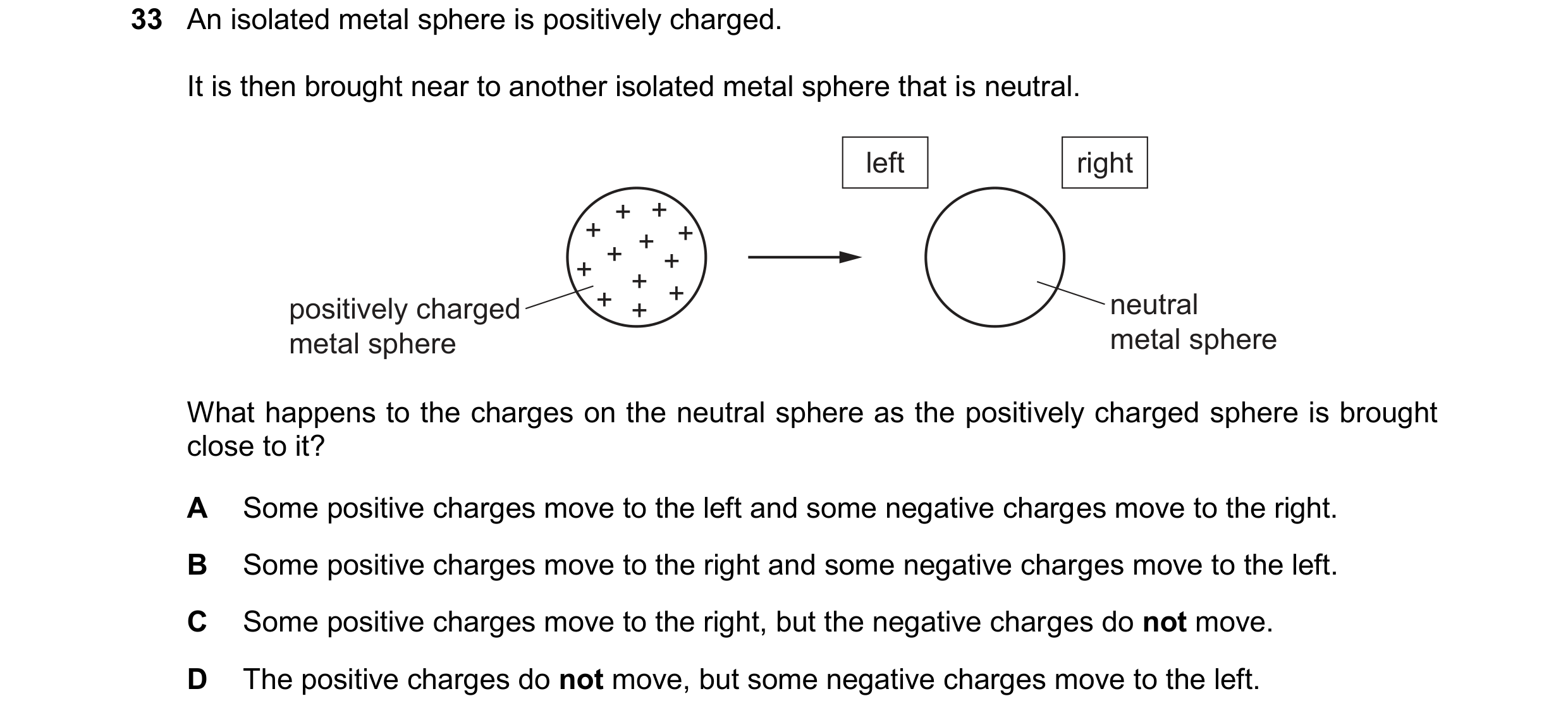 Question 377: An isolated metal sphere is positively charged. It is then brought near to another isolated metal sphere that is neutral. left right + + + …