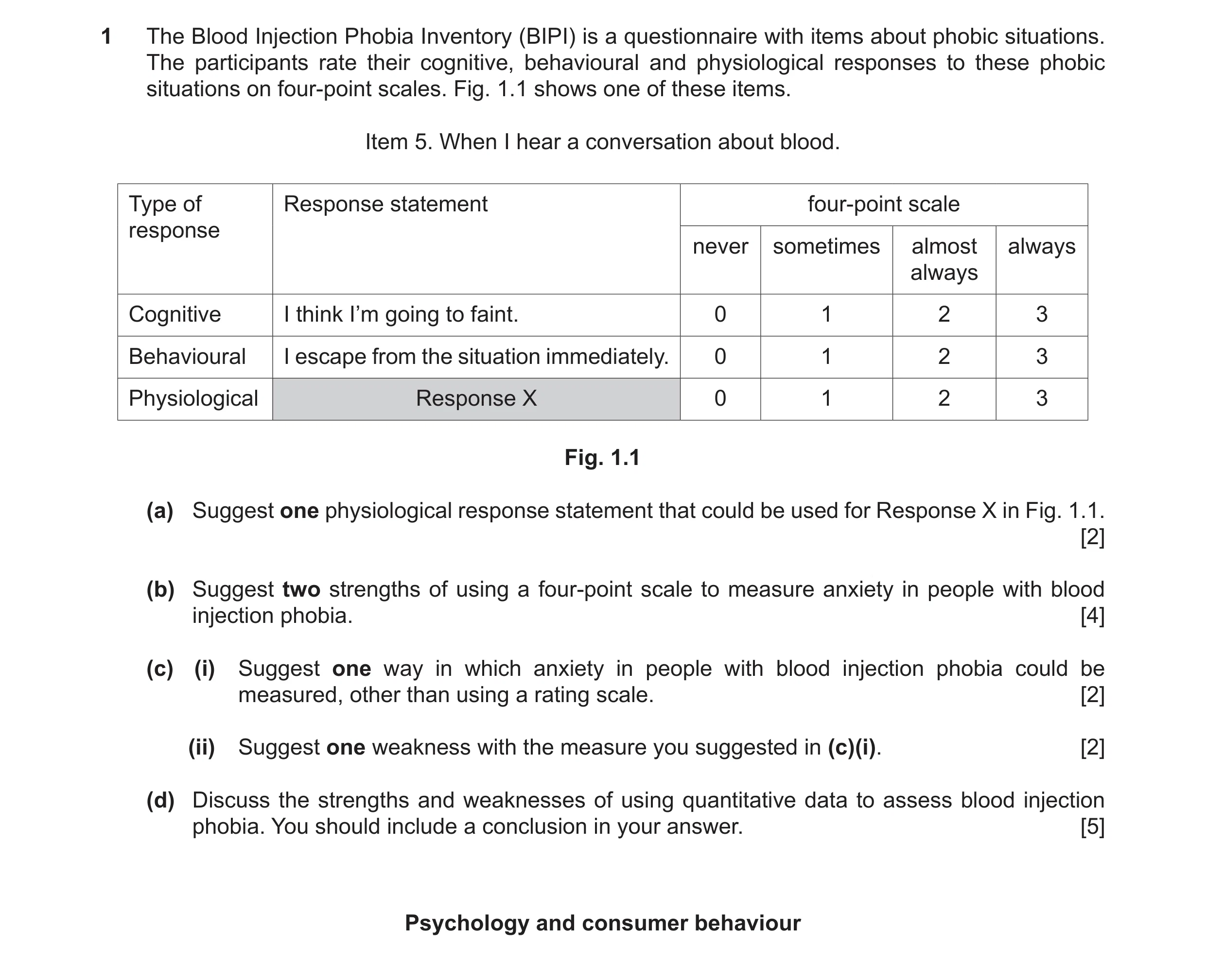 Question 18: The Blood Injection Phobia Inventory (BIPI) is a questionnaire with items about phobic situations. The participants rate their cognitive, b…