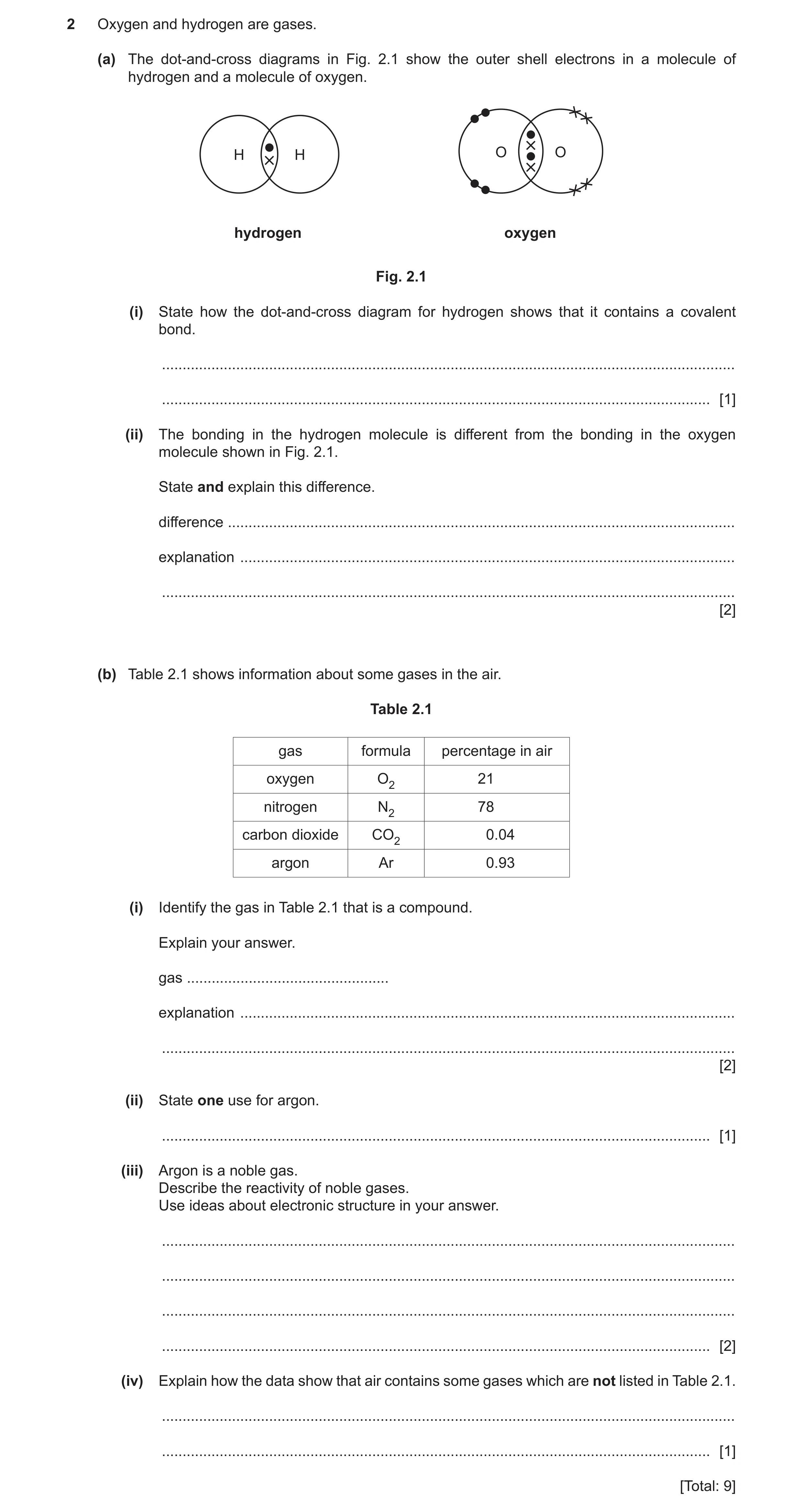 Question 18: Oxygen and hydrogen are gases. (a) The dot-and-cross diagrams in Fig. 2.1 show the outer shell electrons in a molecule of hydrogen and a mo…