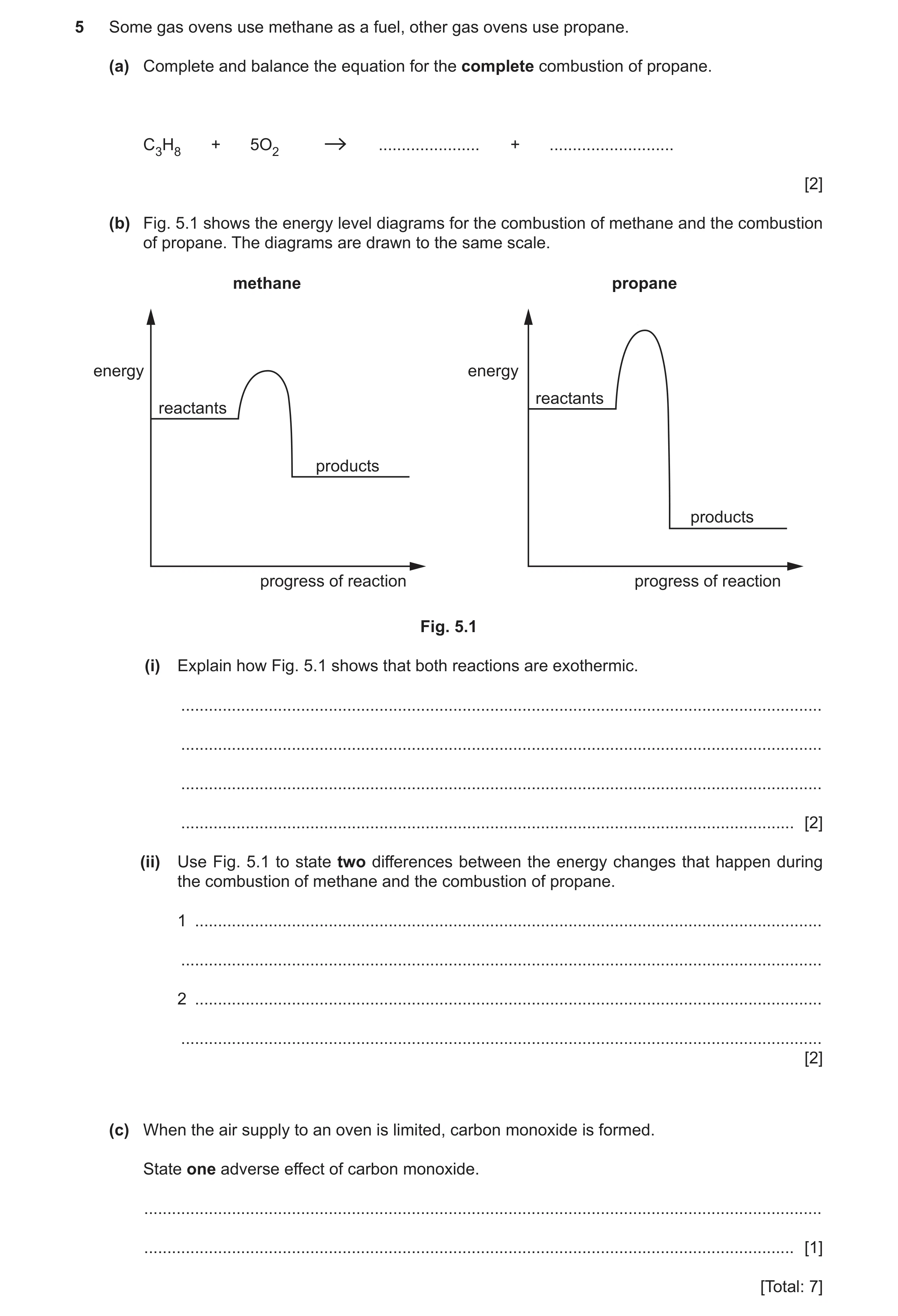 Question 10: Some gas ovens use methane as a fuel, other gas ovens use propane. (a) Complete and balance the equation for the complete combustion of pro…