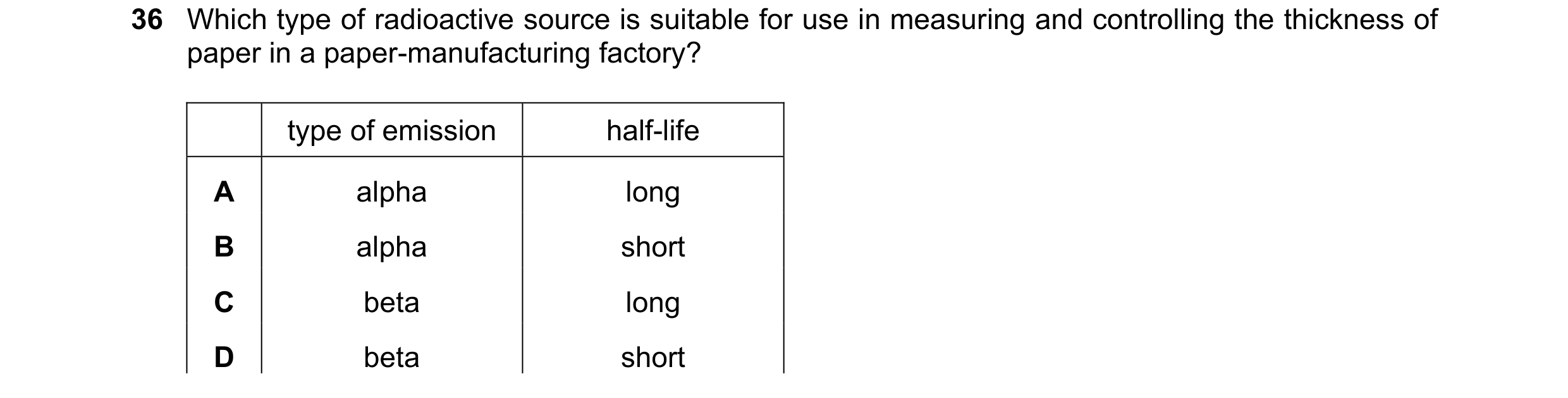 Question 31: Which type of radioactive source is suitable for use in measuring and controlling the thickness of paper in a paper-manufacturing factory? …