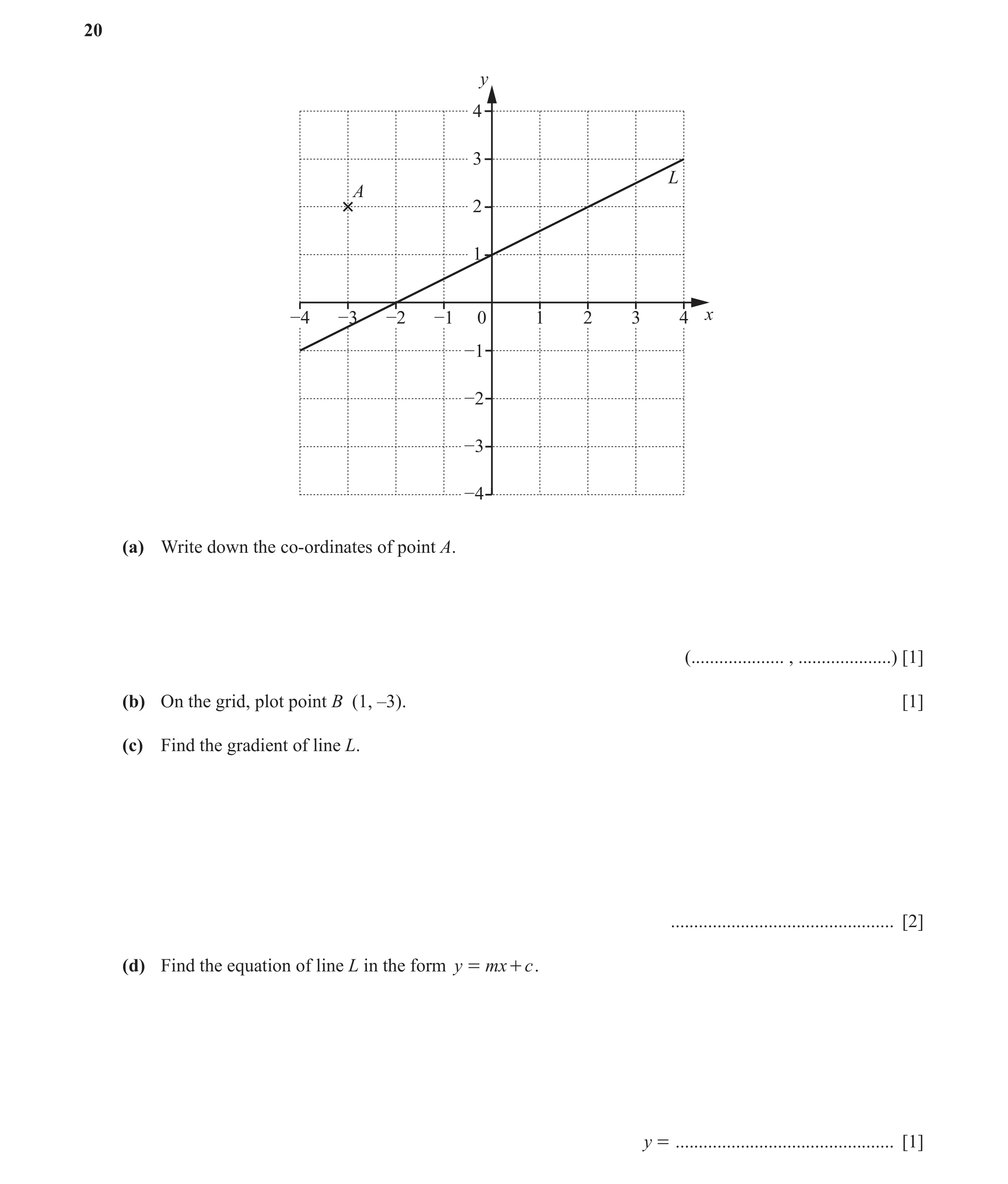 Question 26: y 4 3 L A 2 1 −4 −3 −2 −1 0 1 2 3 4 x −1 −2 −3 −4 (a) Write down the co-ordinates of point A. (.................... , ....................)…