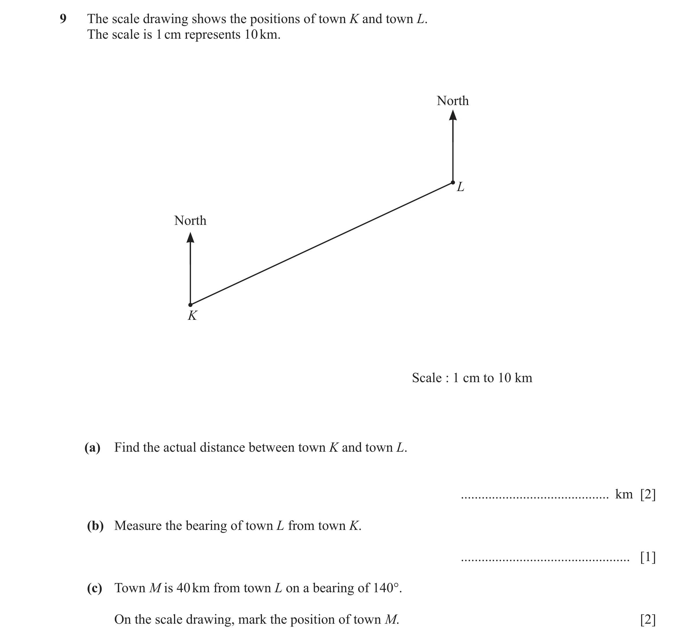 Question 128: The scale drawing shows the positions of town K and town L. The scale is 1 cm represents 10 km. North L North K Scale : 1 cm to 10 km (a) F…