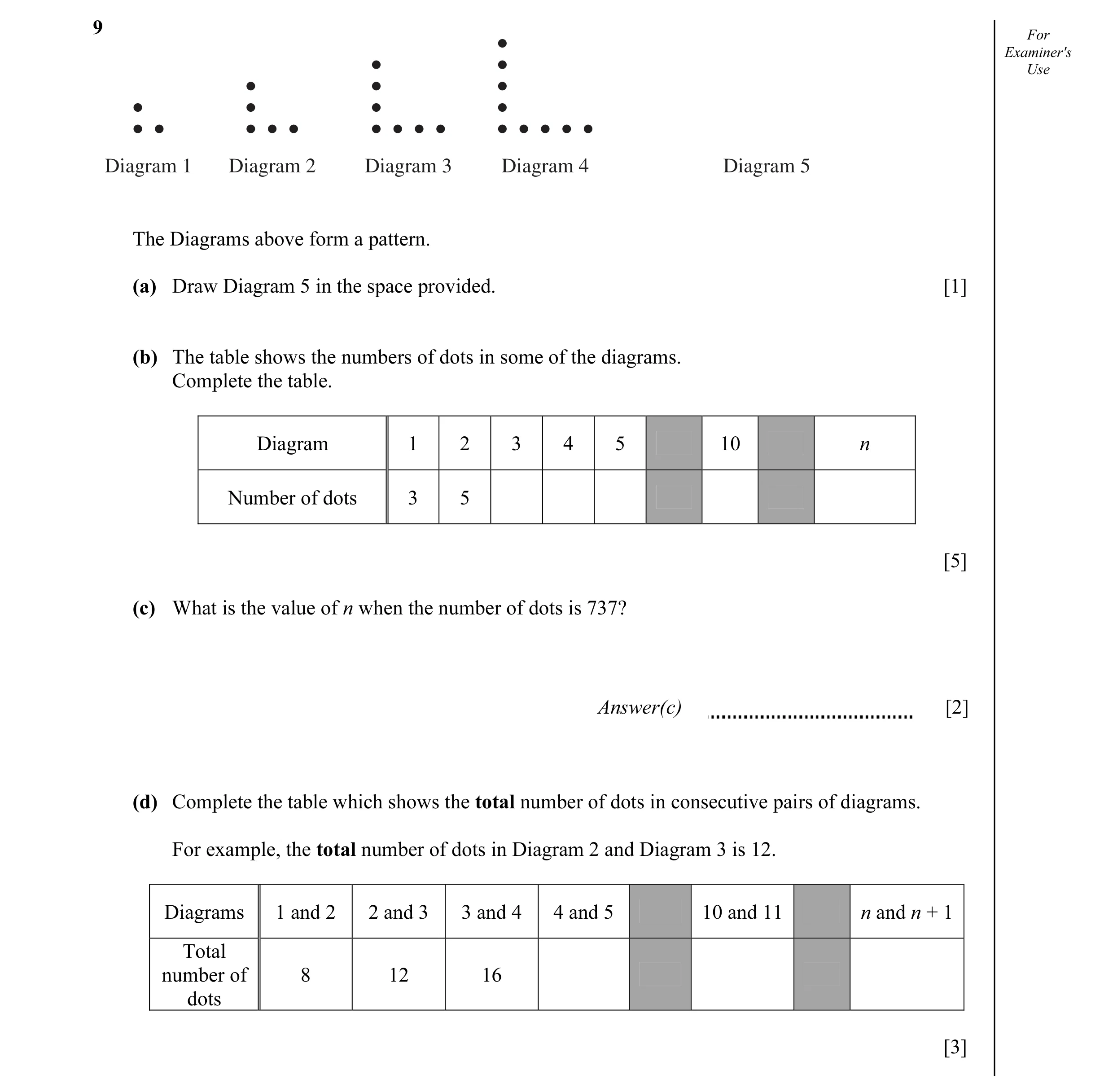 Question 10: For Examiner's Use Diagram 1 Diagram 2 Diagram 3 Diagram 4 Diagram 5 The Diagrams above form a pattern. (a) Draw Diagram 5 in the space pro…