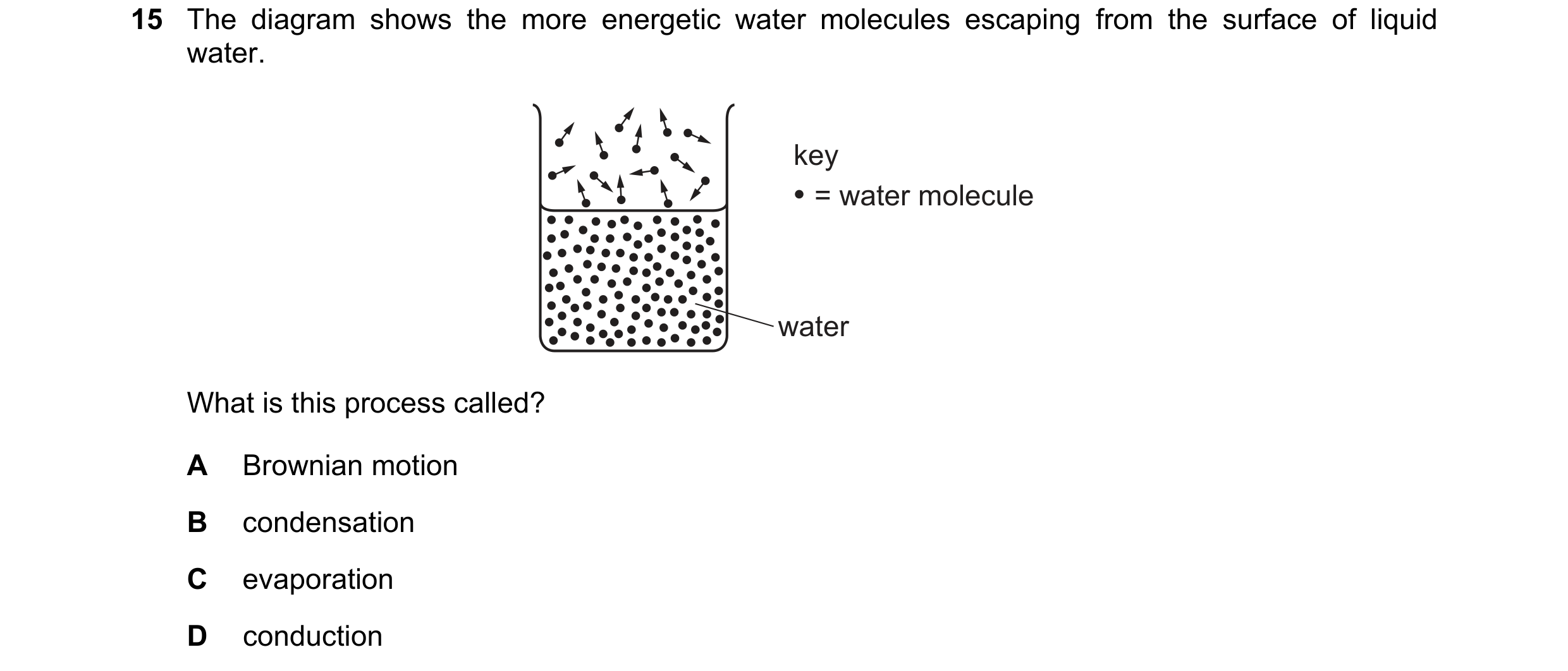Question 15: The diagram shows the more energetic water molecules escaping from the surface of liquid water. key = water molecule water What is this pro…