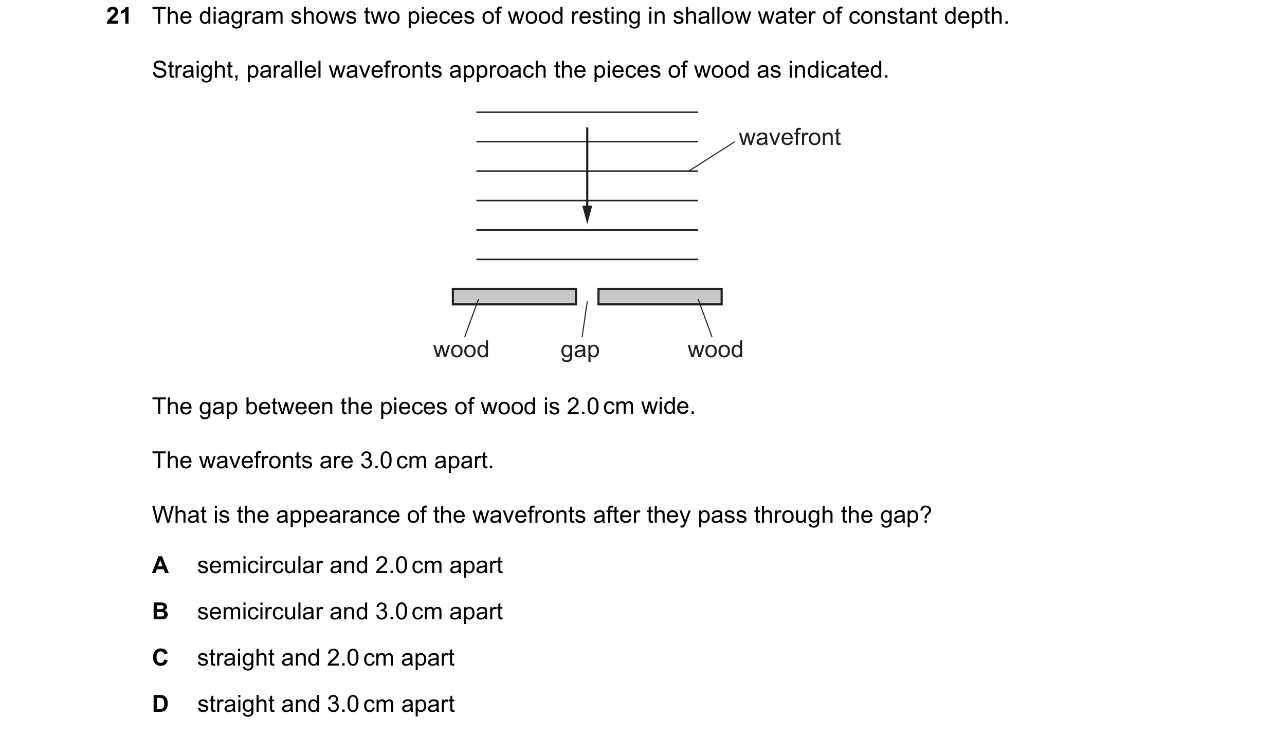 Question 14: The diagram shows two pieces of wood resting in shallow water of constant depth. Straight, parallel wavefronts approach the pieces of wood …