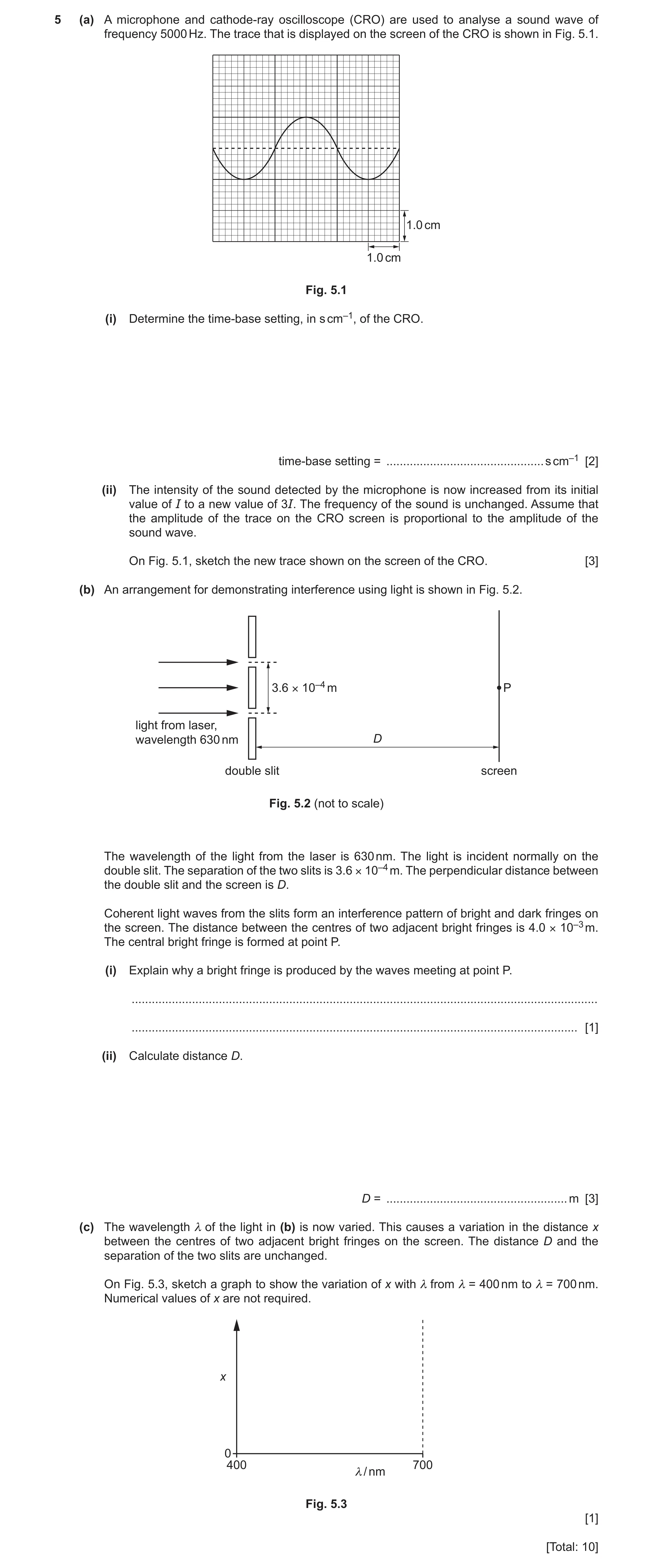 Question 13: (a) A microphone and cathode-ray oscilloscope (CRO) are used to analyse a sound wave of frequency 5000 Hz. The trace that is displayed on t…