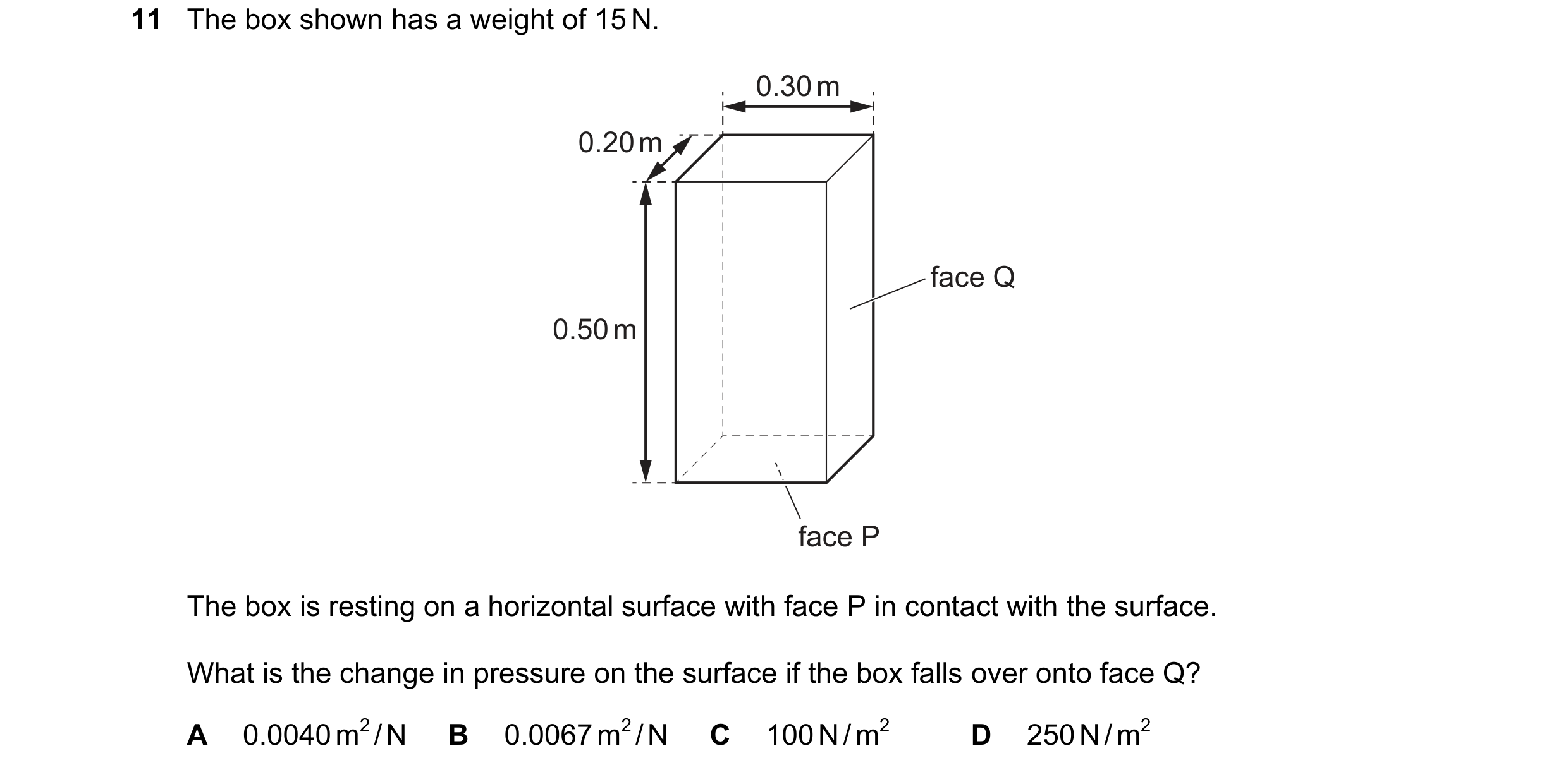 Question 179: The box shown has a weight of 15 N. 0.30 m 0.20 m face Q 0.50 m face P The box is resting on a horizontal surface with face P in contact wi…