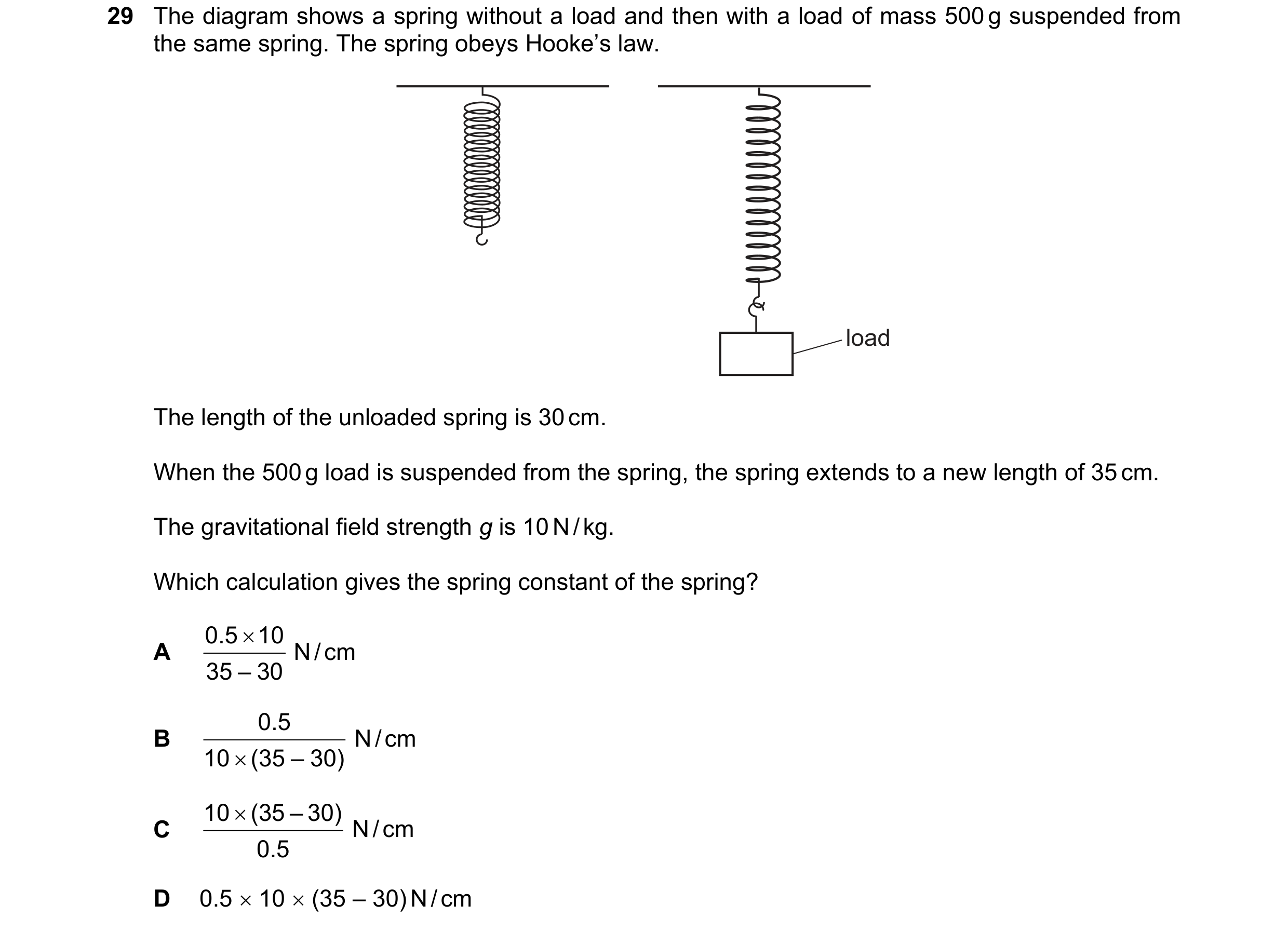 Question 44: The diagram shows a spring without a load and then with a load of mass 500 g suspended from the same spring. The spring obeys Hooke’s law. …