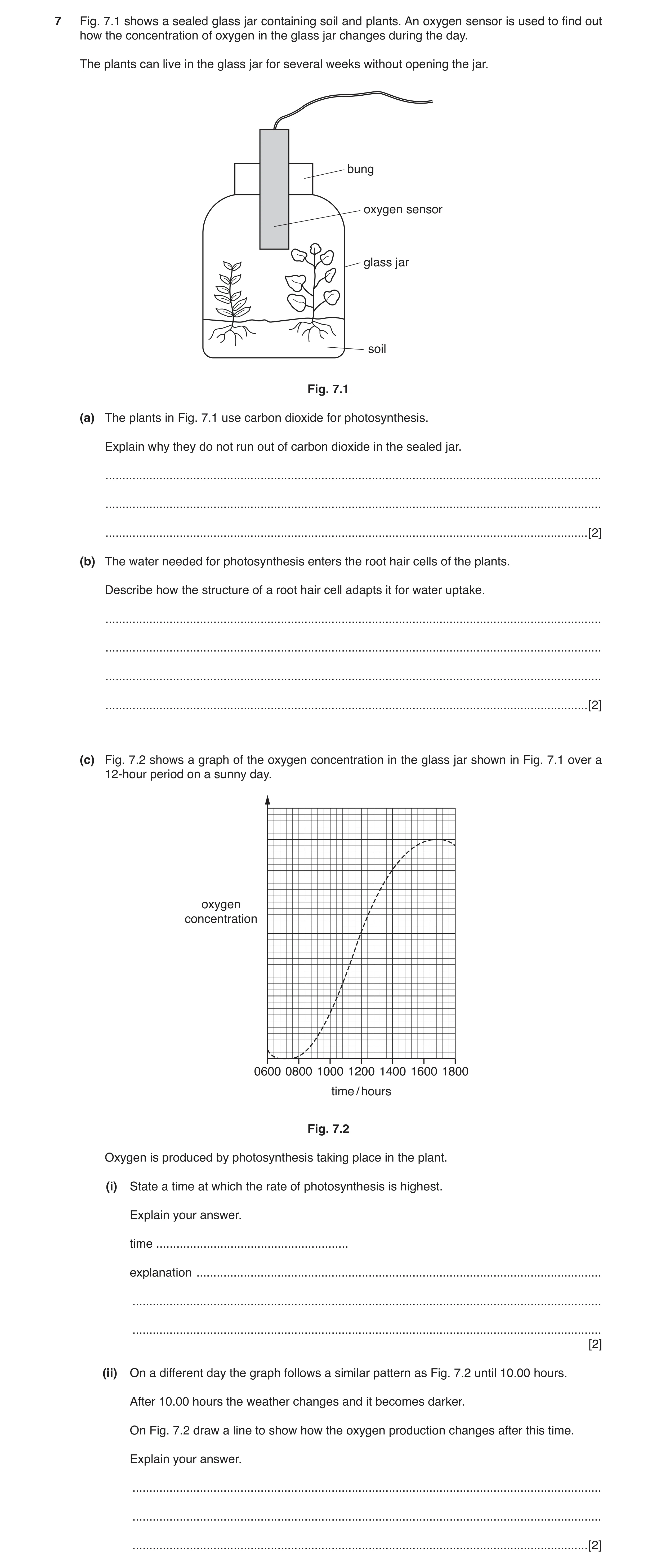 Question 3: Fig. 7.1 shows a sealed glass jar containing soil and plants. An oxygen sensor is used to find out how the concentration of oxygen in the g…