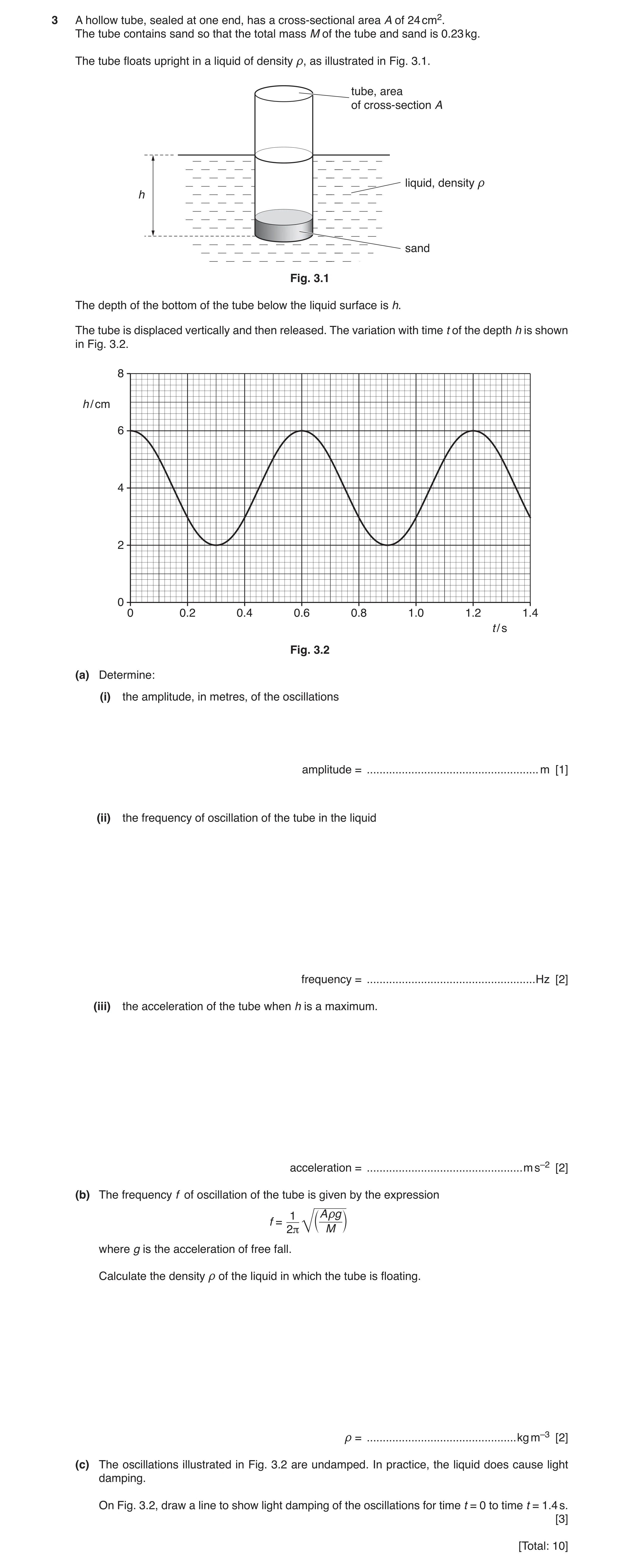 Question 18: A hollow tube, sealed at one end, has a cross-sectional area A of 24 cm2. The tube contains sand so that the total mass M of the tube and s…