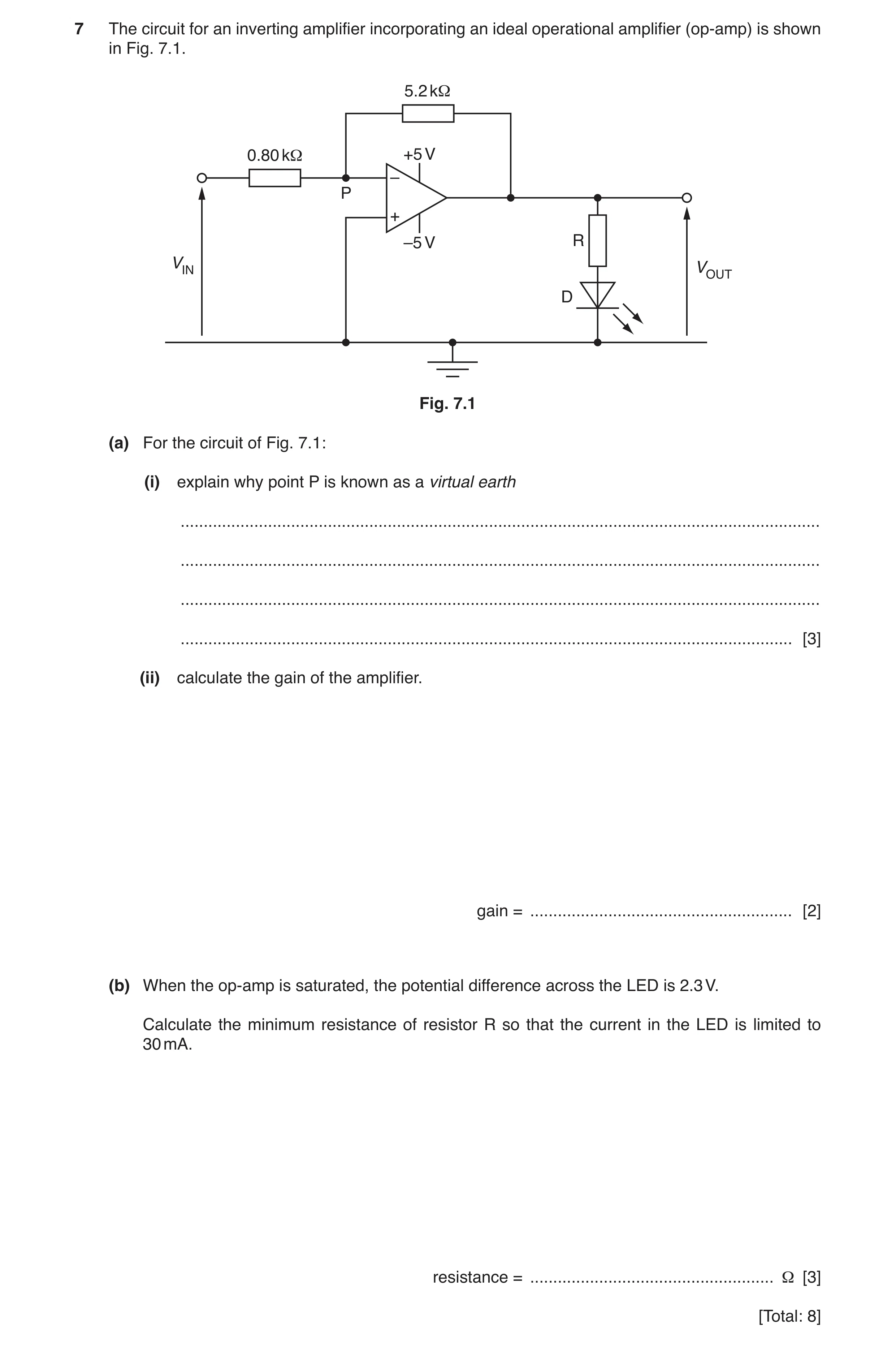 Question 14: The circuit for an inverting amplifier incorporating an ideal operational amplifier (op-amp) is shown in Fig. 7.1. 5.2 k 0.80 k +5 V – P + …