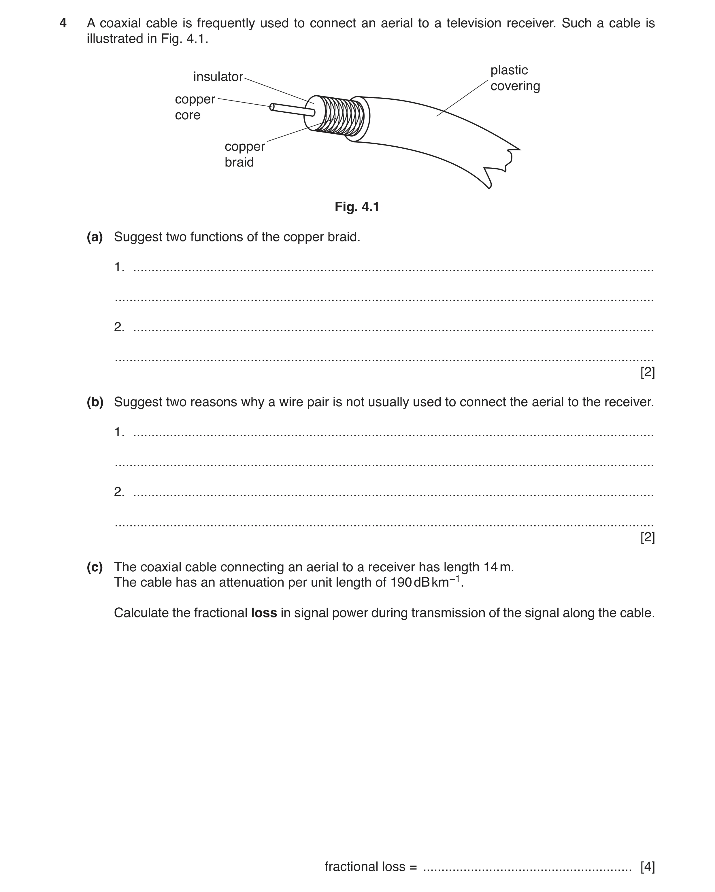 Question 25: A coaxial cable is frequently used to connect an aerial to a television receiver. Such a cable is illustrated in Fig. 4.1. plastic insulato…