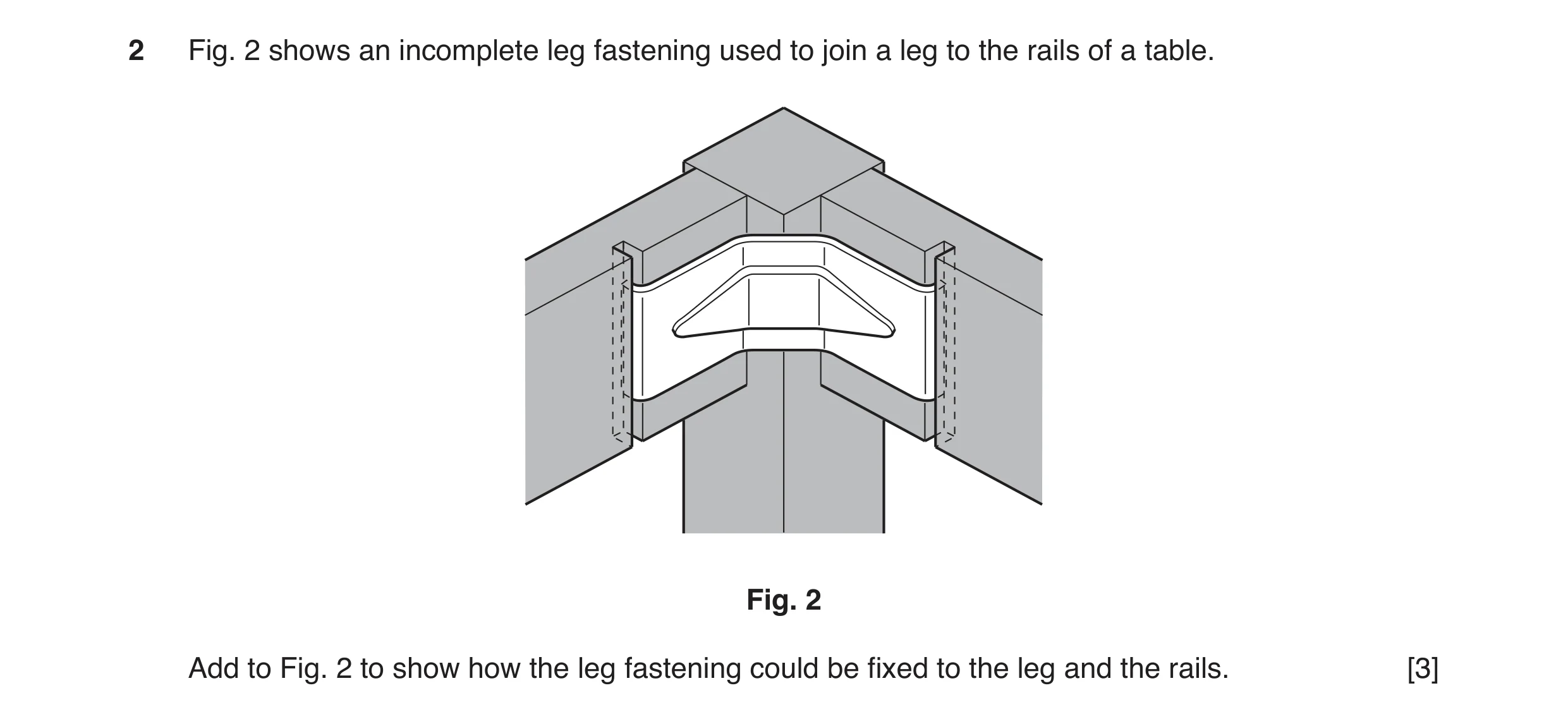 Question 52: Fig. 2 shows an incomplete leg fastening used to join a leg to the rails of a table. Fig. 2 Add to Fig. 2 to show how the leg fastening cou…