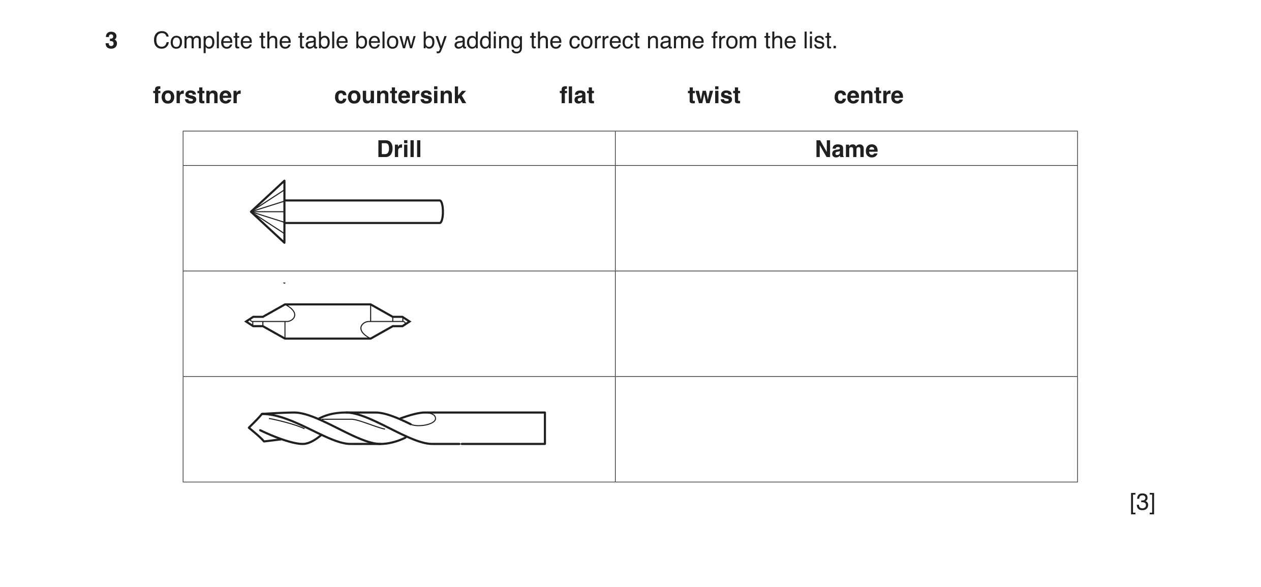 Question 53: Complete the table below by adding the correct name from the list. forstner countersink flat twist centre Drill Name [3]