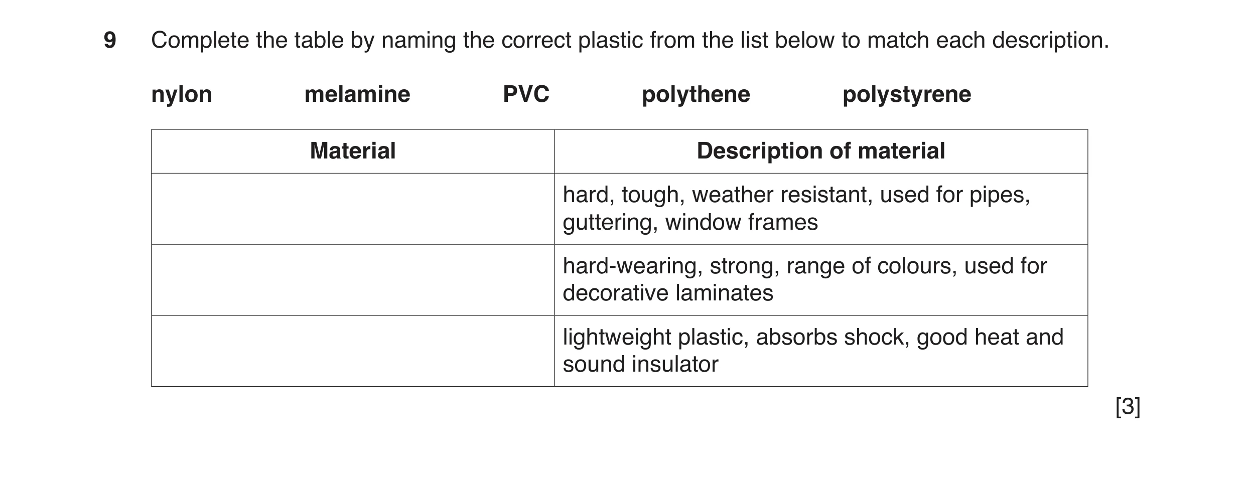 Question 18: Complete the table by naming the correct plastic from the list below to match each description. nylon melamine PVC polythene polystyrene Ma…