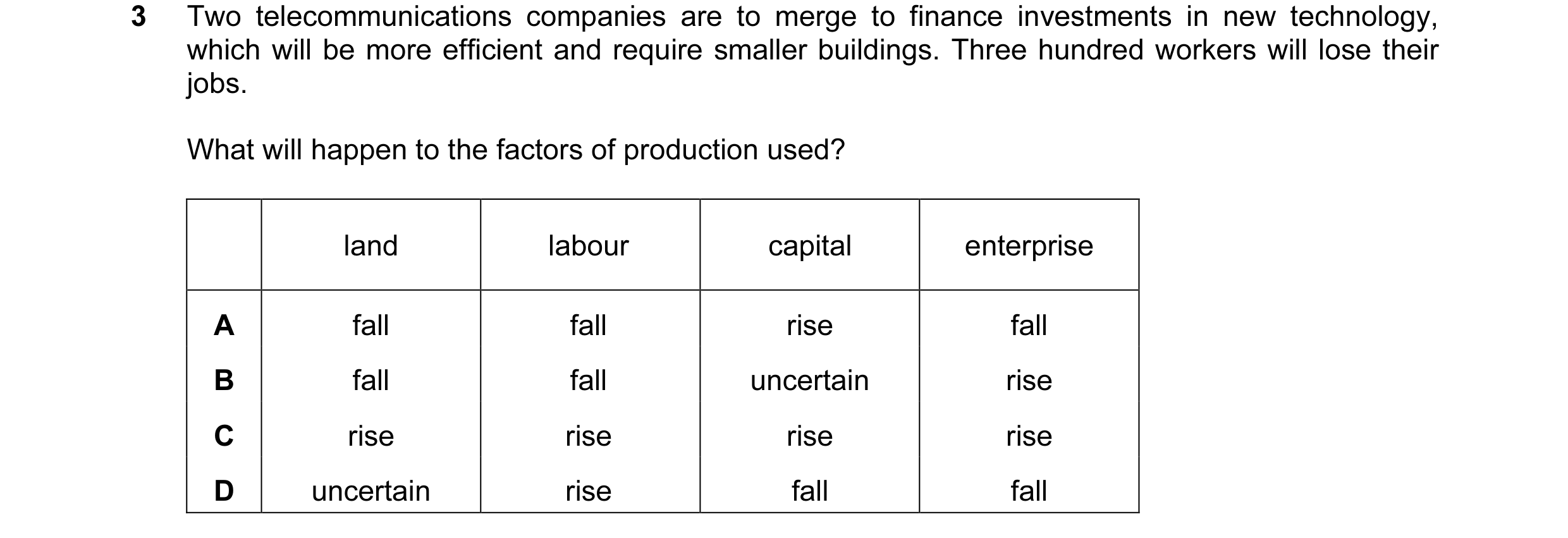 Question 33: Two telecommunications companies are to merge to finance investments in new technology, which will be more efficient and require smaller bu…