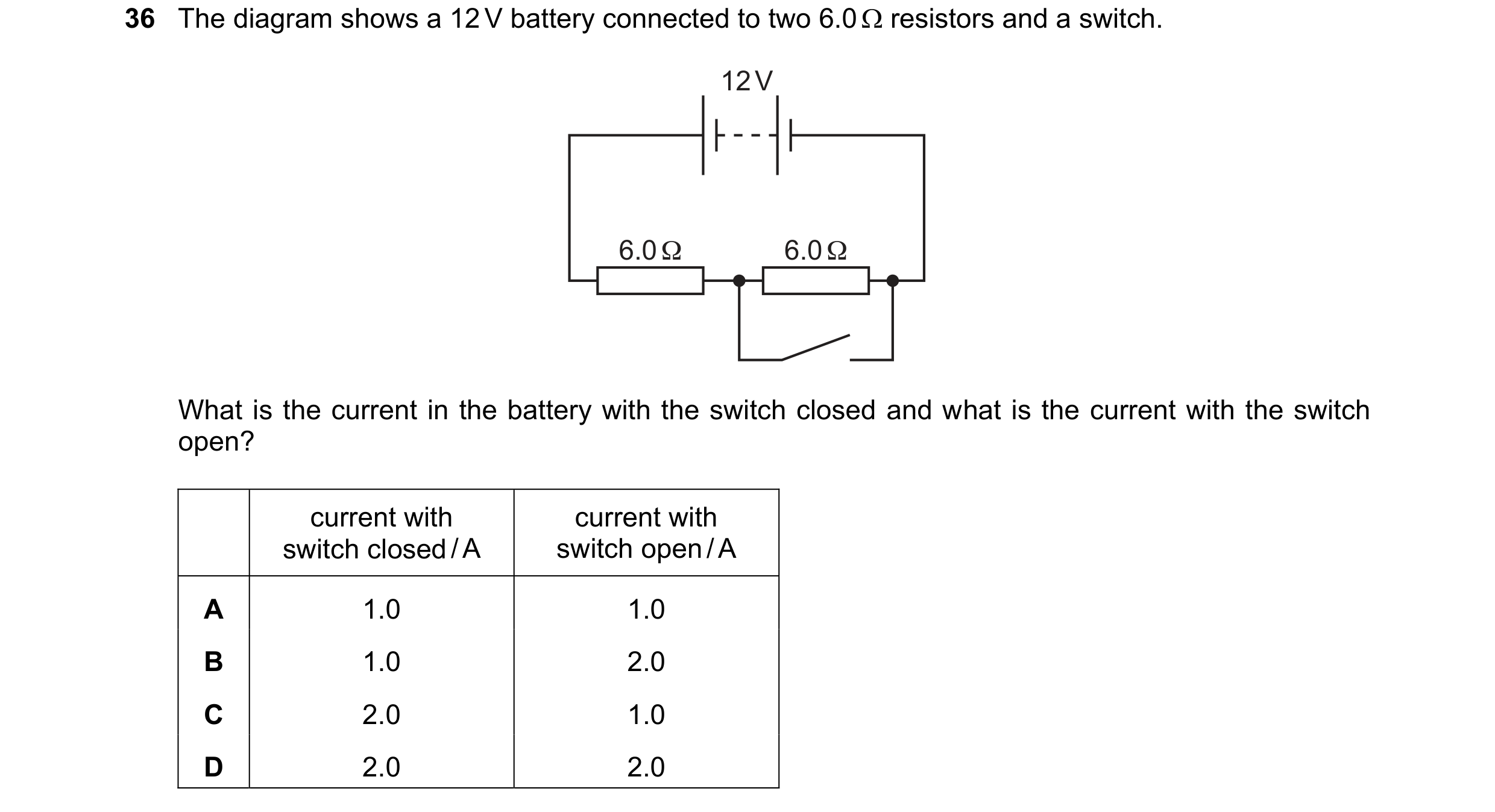 Question 109: The diagram shows a 12 V battery connected to two 6.0  resistors and a switch. 12 V 6.0 Ω 6.0 Ω What is the current in the battery with th…